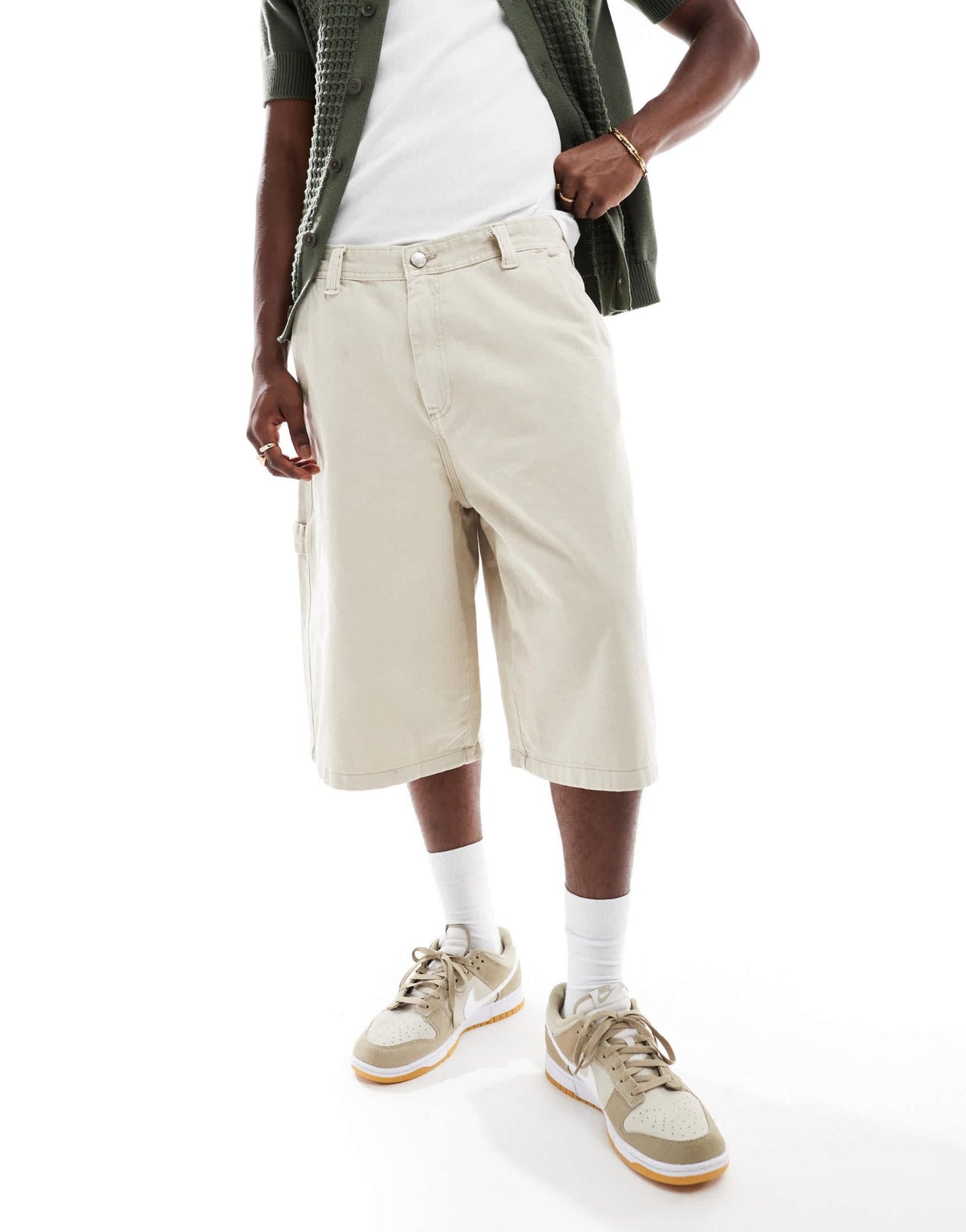 Bershka baggy denim worker short in ecru - ASOS Sample Sale