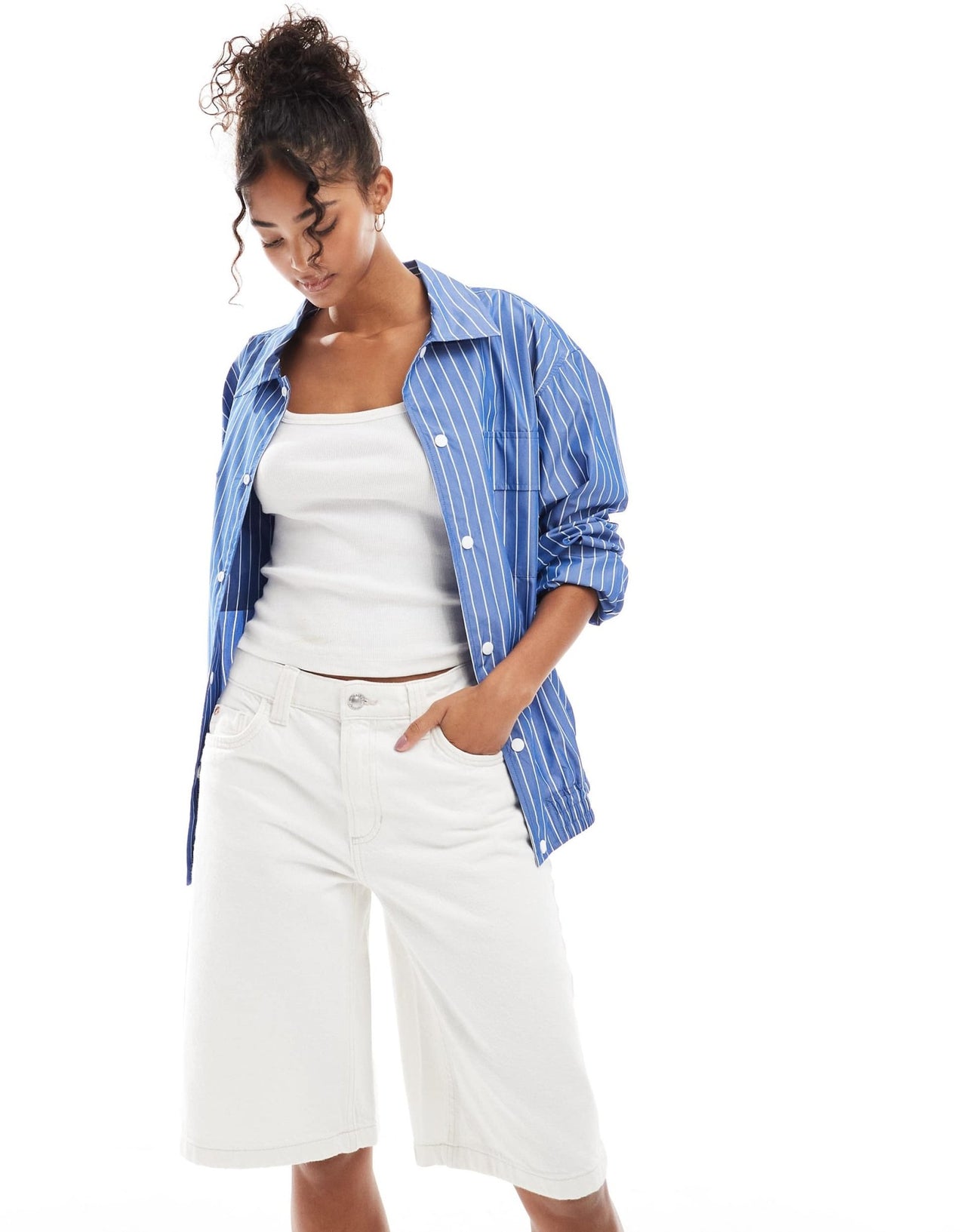 Bershka baggy longline denim shorts in ecru - ASOS Sample Sale