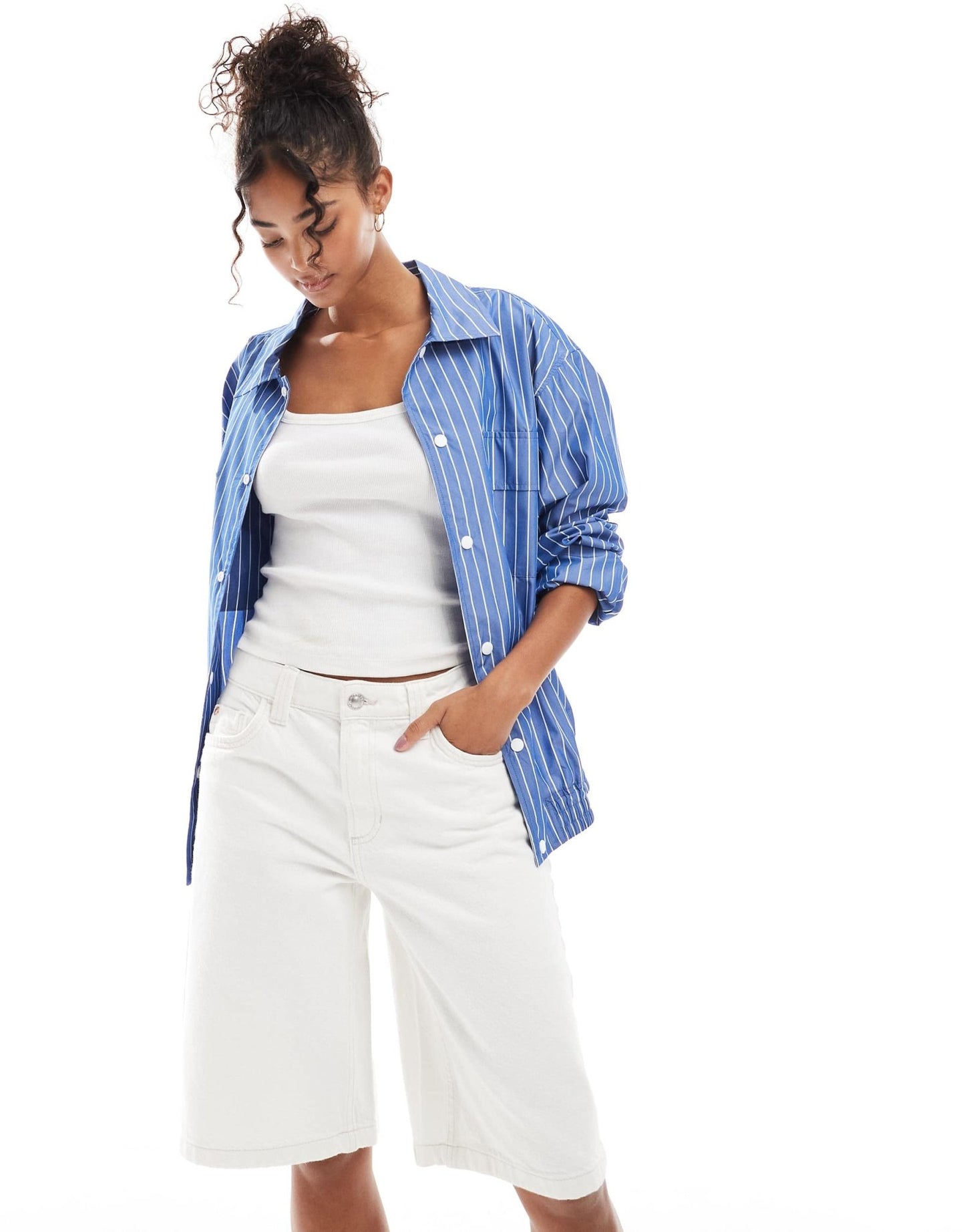 Bershka baggy longline denim shorts in ecru - ASOS Sample Sale