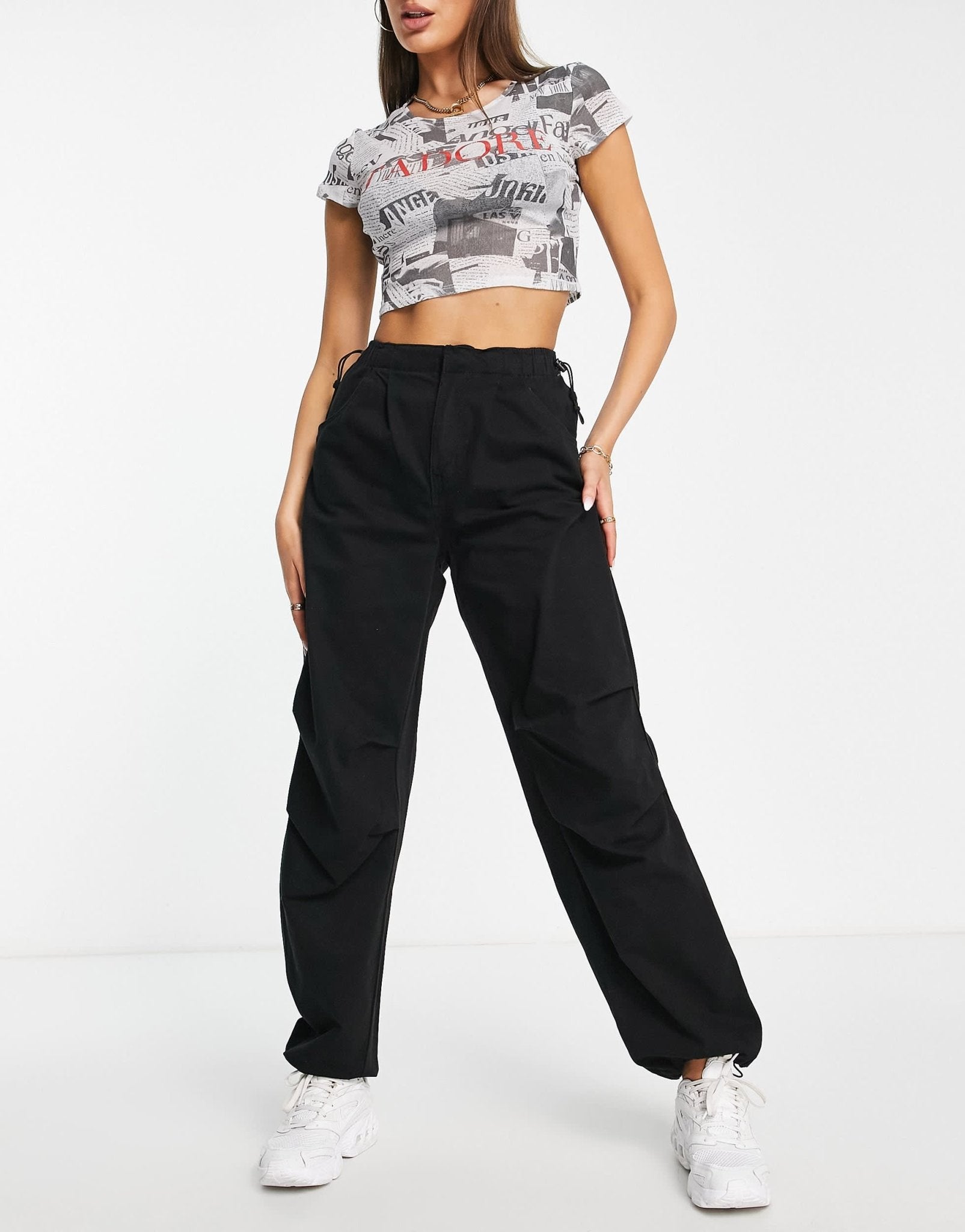 Bershka baggy parachute tech pant in black - ASOS Sample Sale
