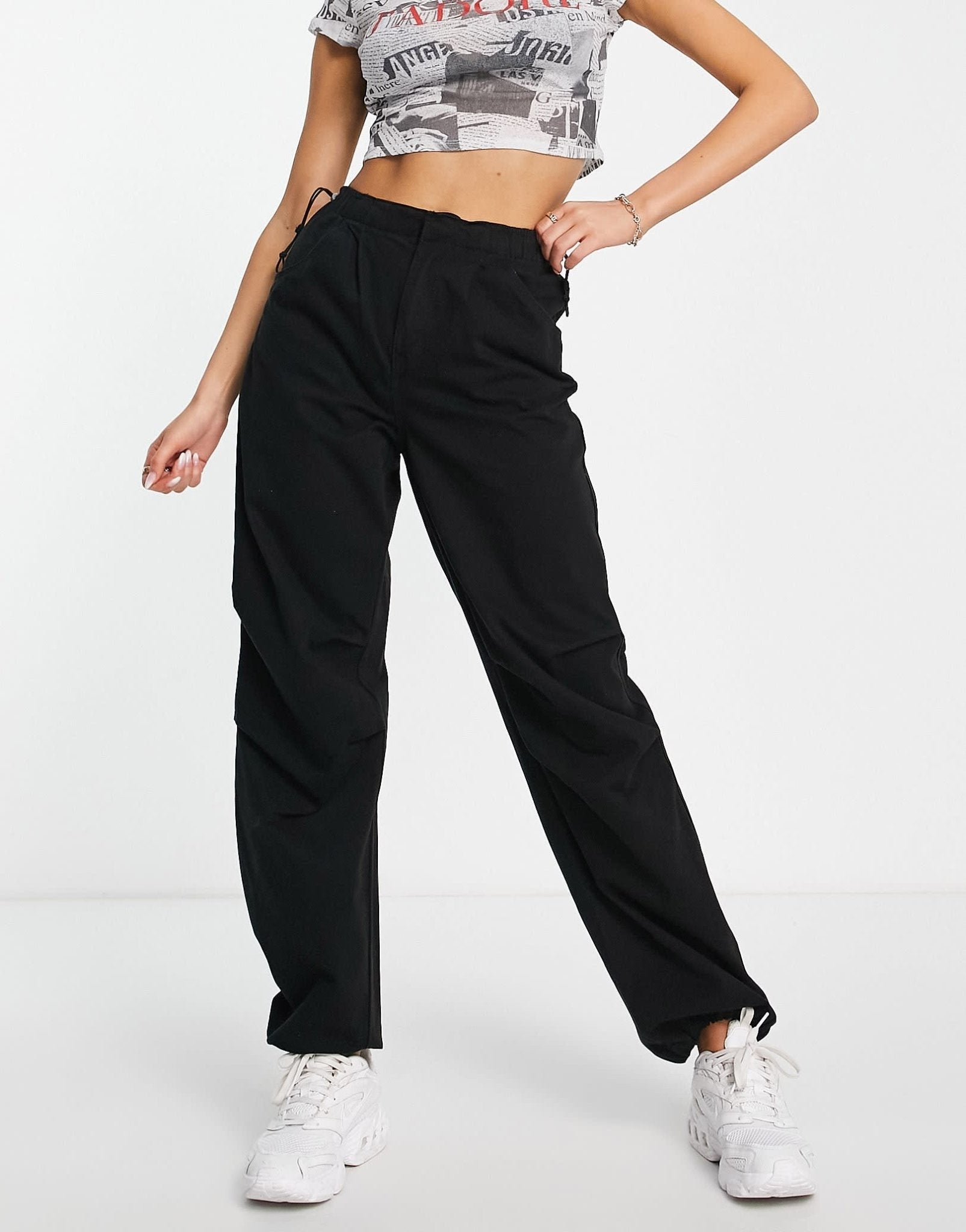 Bershka baggy parachute tech pant in black - ASOS Sample Sale