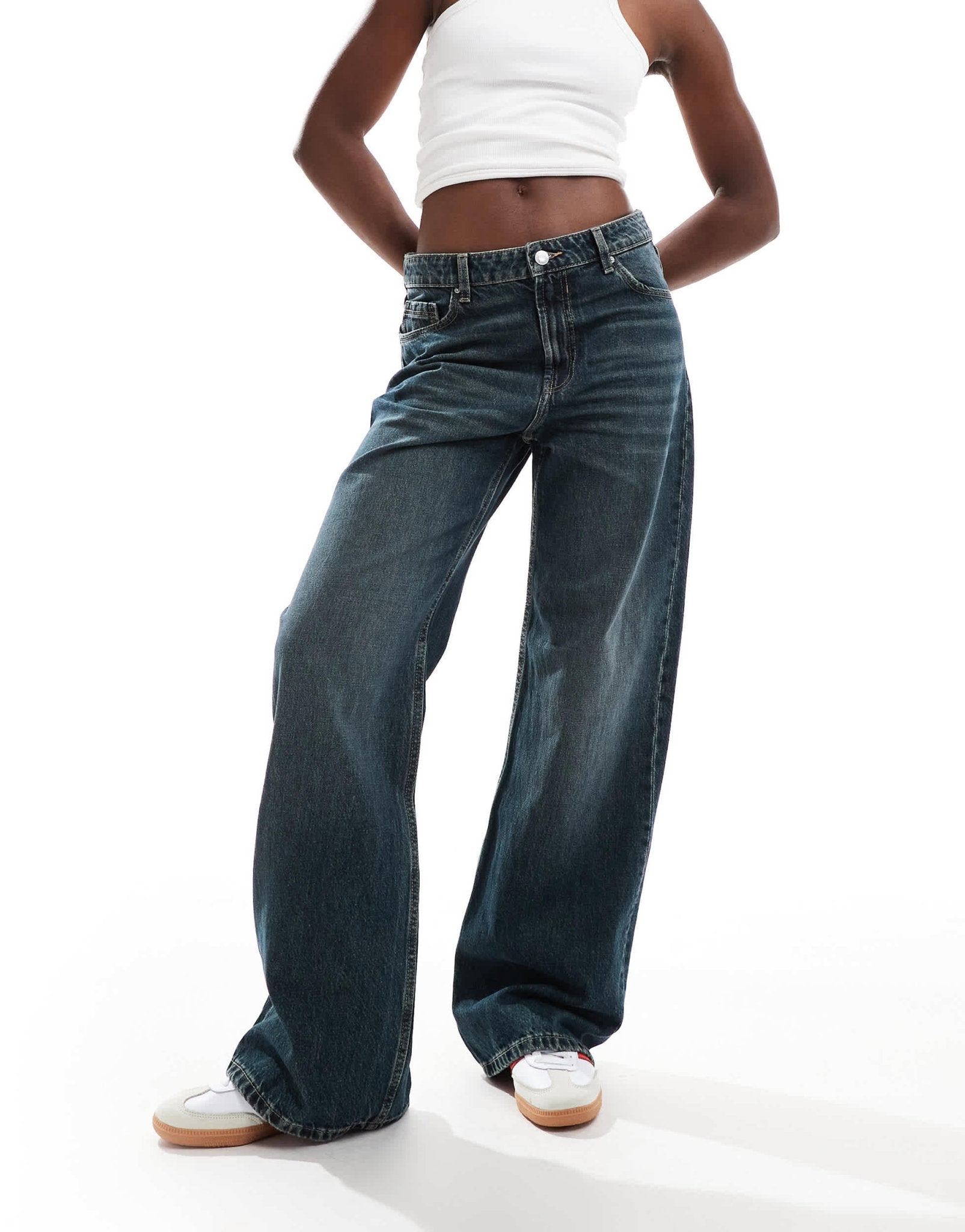 Bershka baggy wide leg jeans in dark wash blue - ASOS Sample Sale