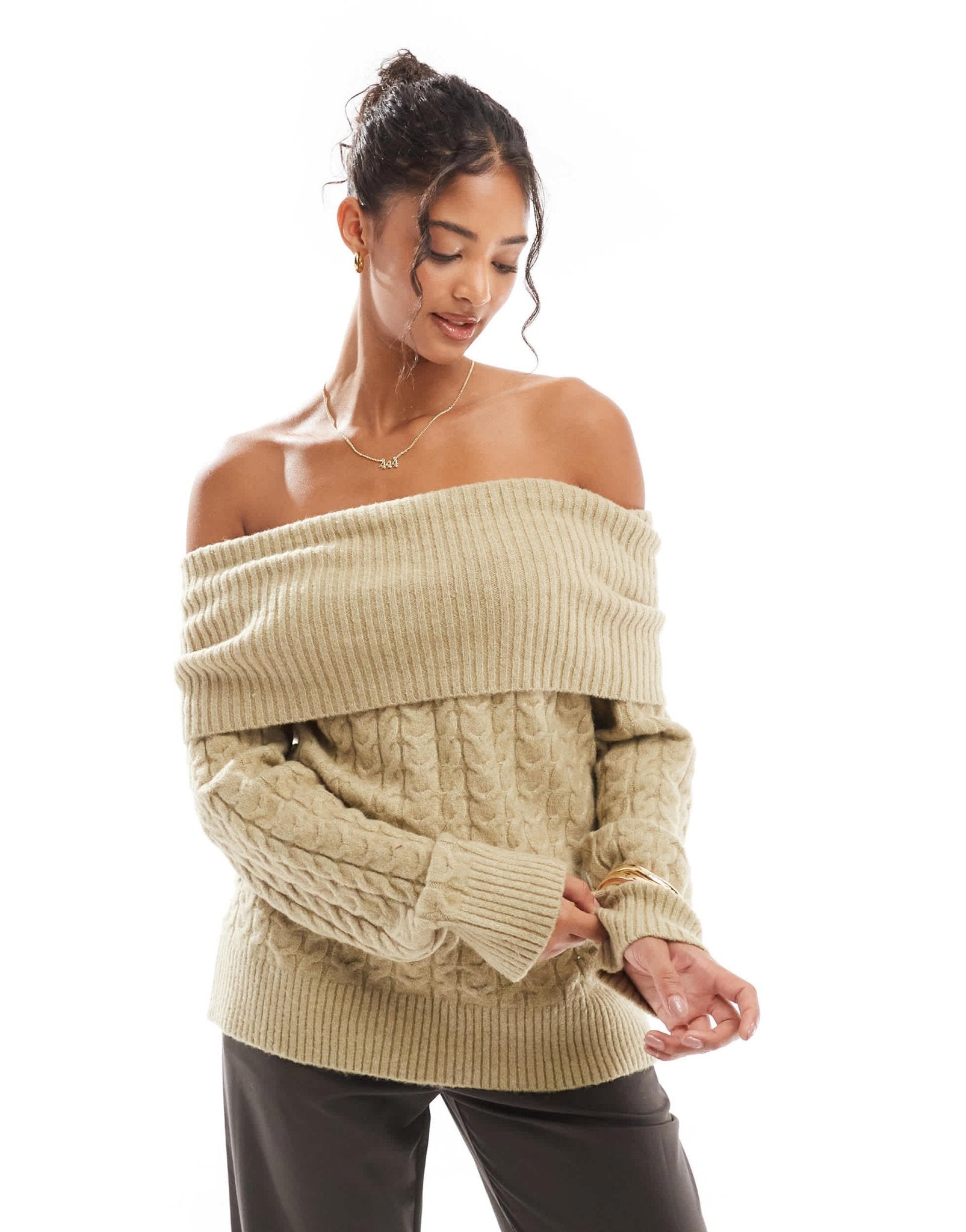 Bershka bardot cable knit jumper in khaki - ASOS Sample Sale