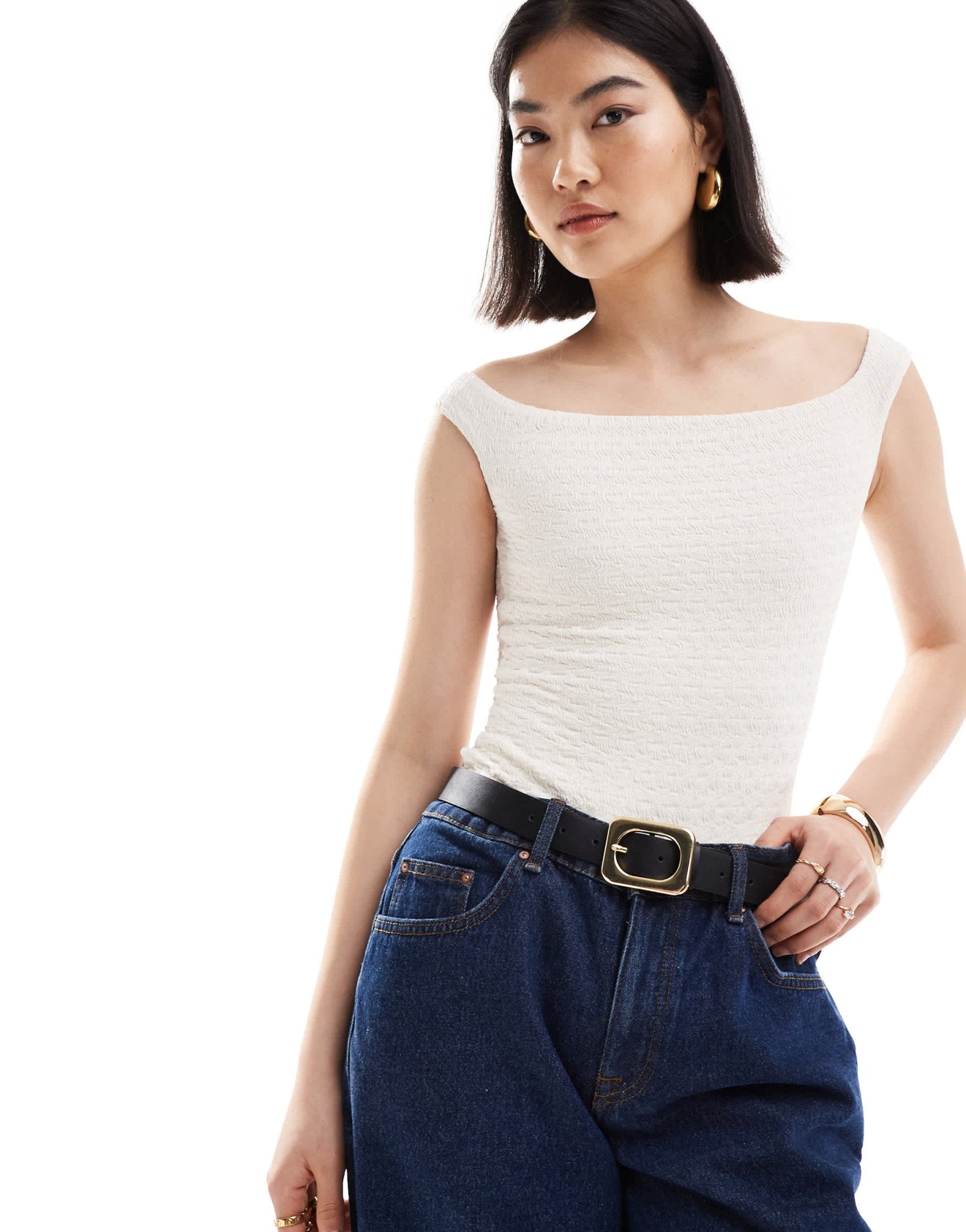 Bershka bardot crinkle bodysuit in white - ASOS Sample Sale
