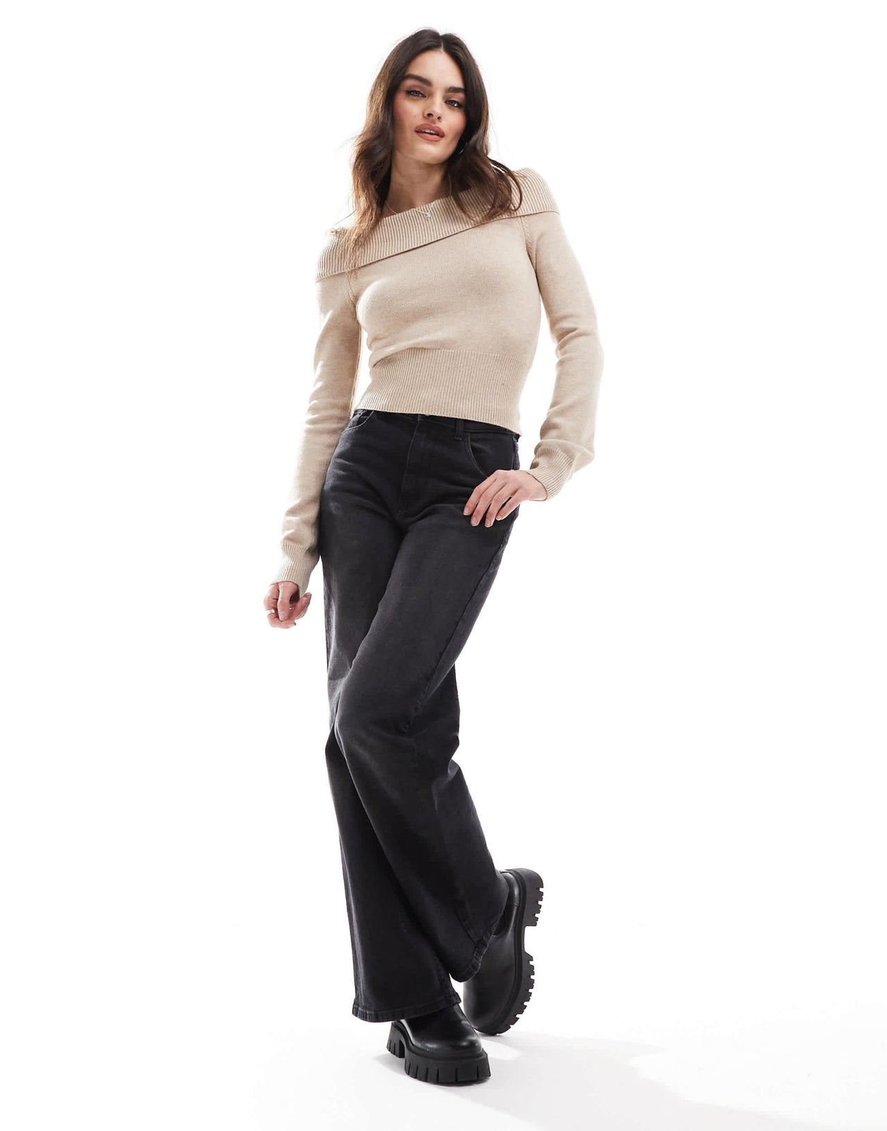 Bershka bardot knitted jumper in taupe - ASOS Sample Sale