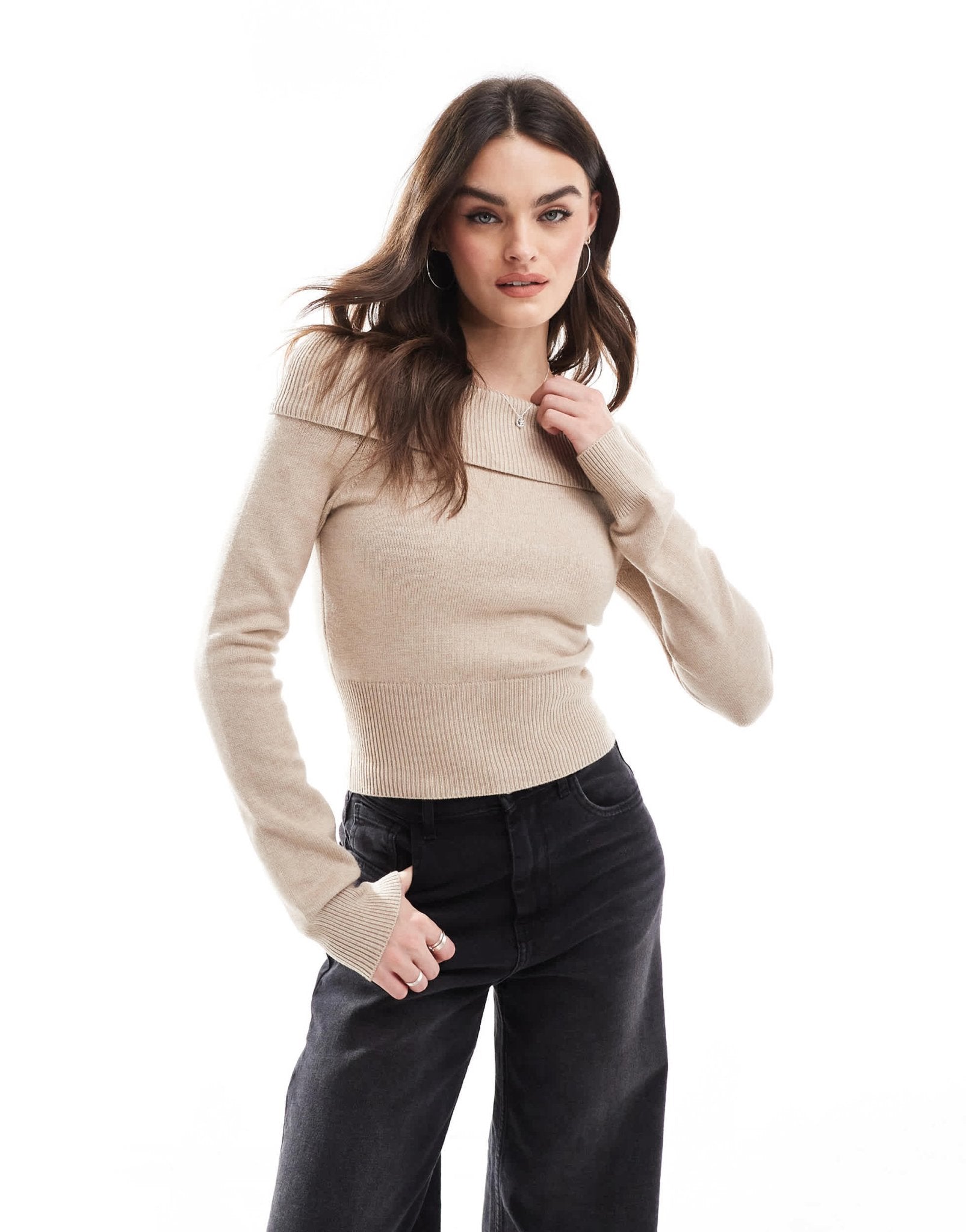 Bershka bardot knitted jumper in taupe - ASOS Sample Sale