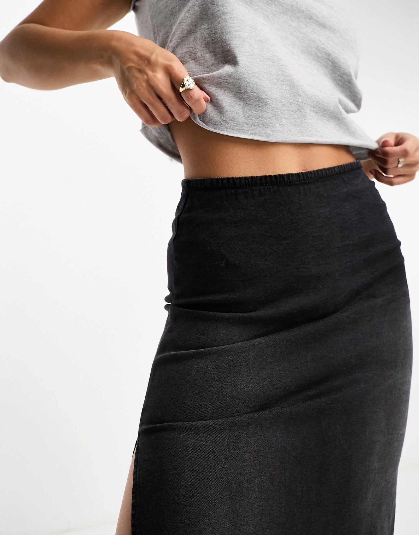 Bershka bodycon denim midi skirt in washed black - ASOS Sample Sale