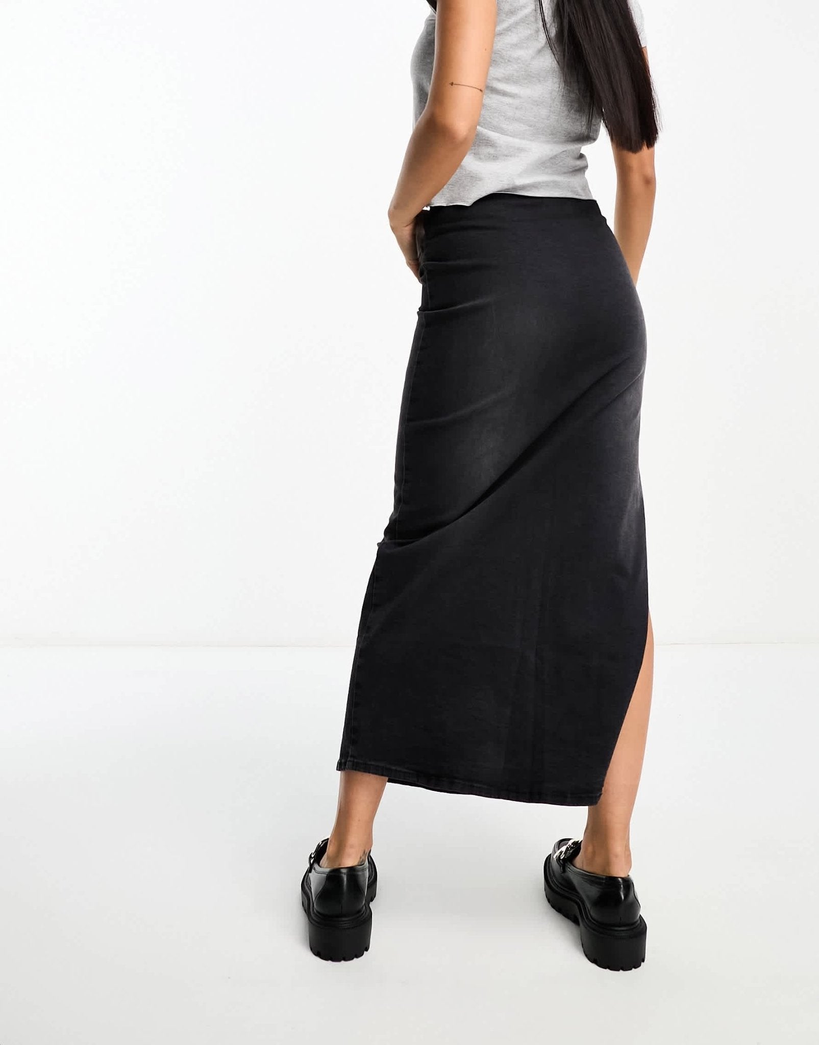 Bershka bodycon denim midi skirt in washed black - ASOS Sample Sale
