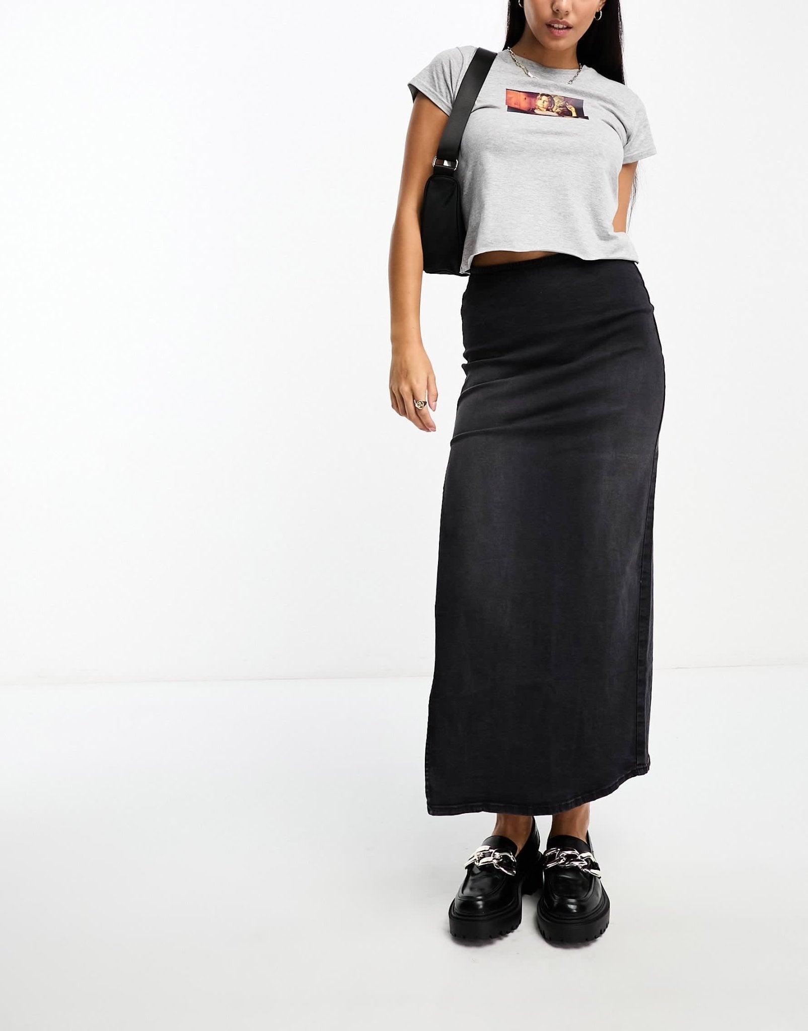 Bershka bodycon denim midi skirt in washed black - ASOS Sample Sale