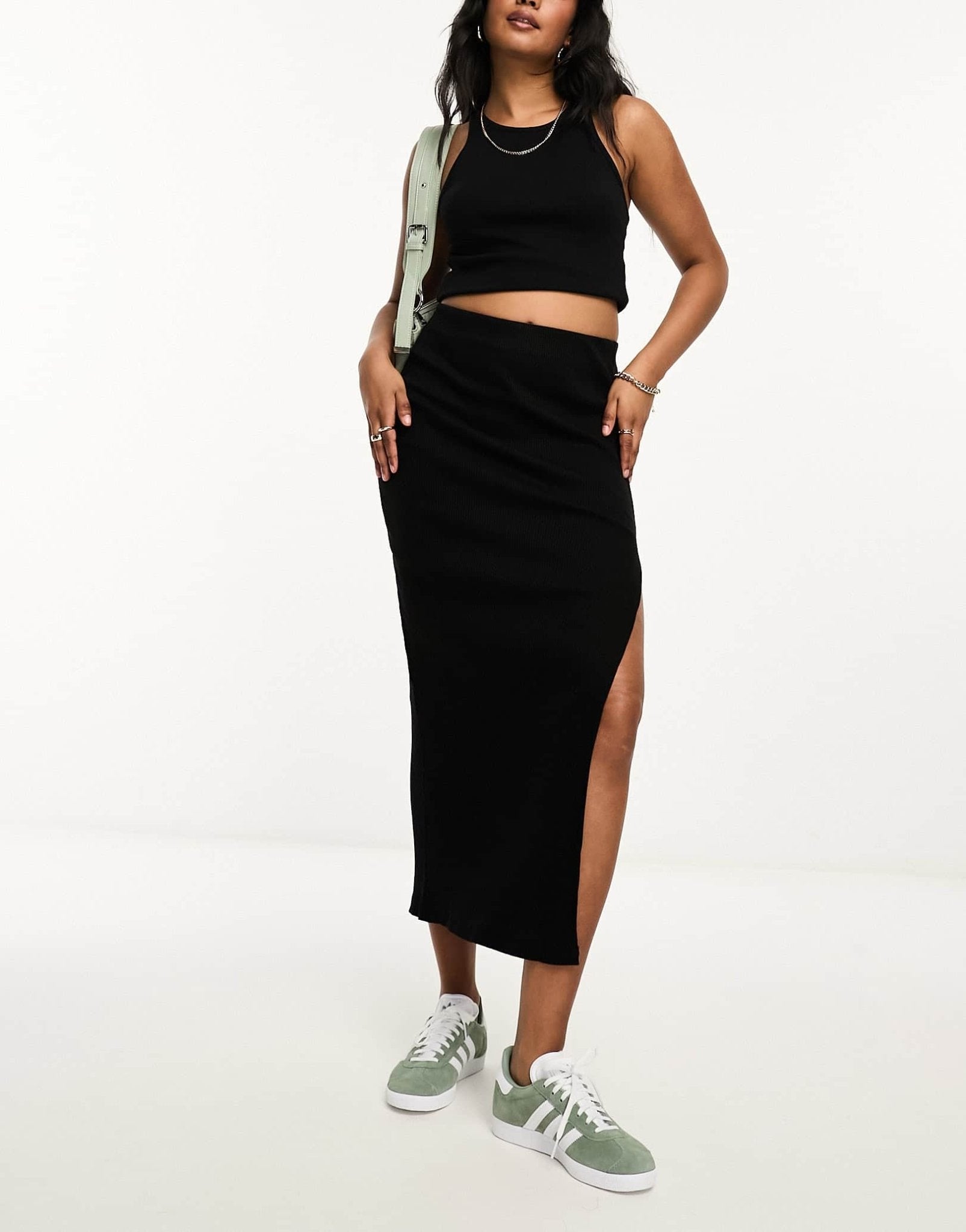 Bershka bodycon knitted midi skirt in black - ASOS Sample Sale