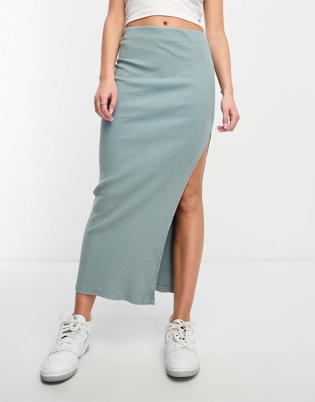 Bershka bodycon knitted midi skirt in dusty blue - ASOS Sample Sale