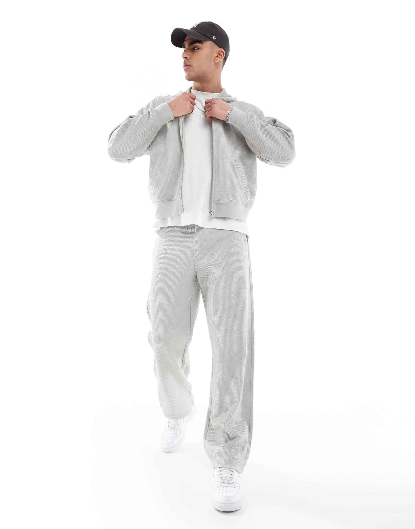 Bershka boxy crop seersucker co-ord hoodie in light grey - ASOS Sample Sale