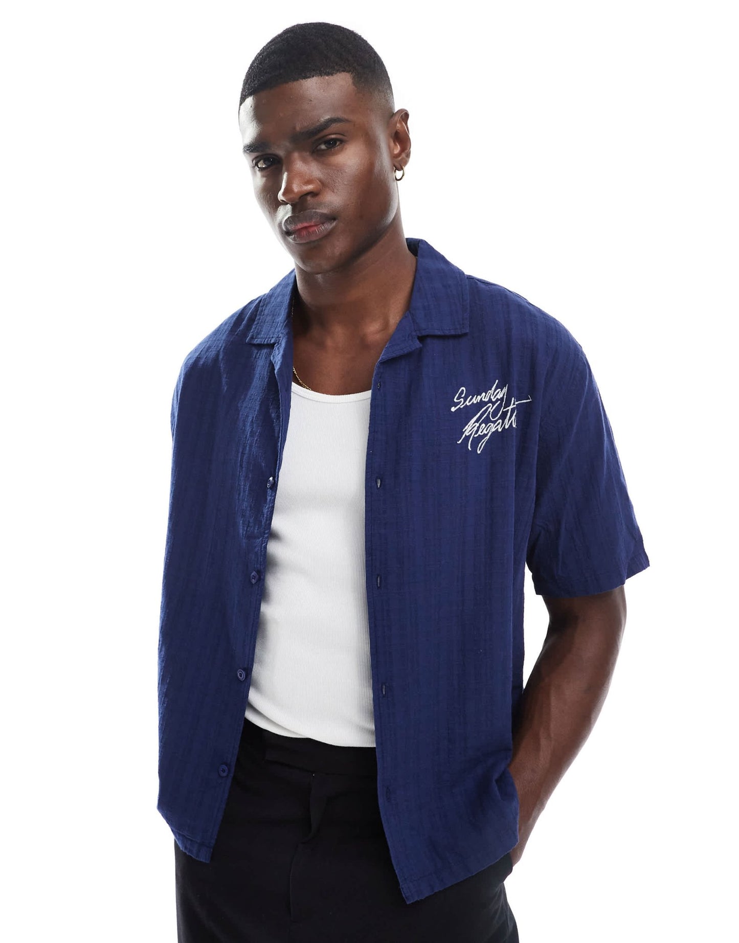Bershka boxy striped shirt in navy - ASOS Sample Sale