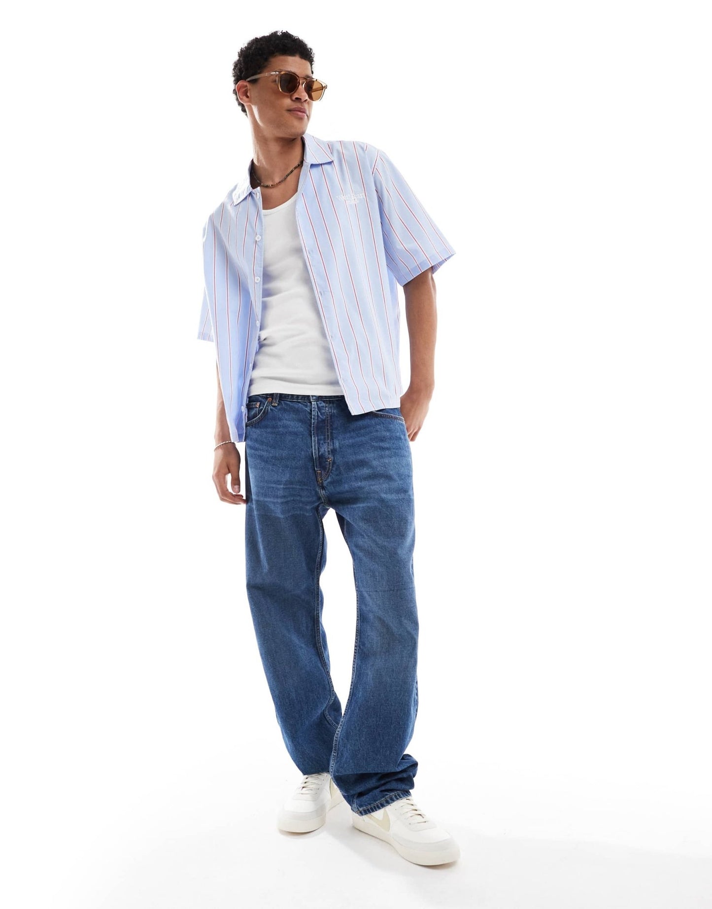 Bershka boxy striped West Coast shirt in light blue - ASOS Sample Sale