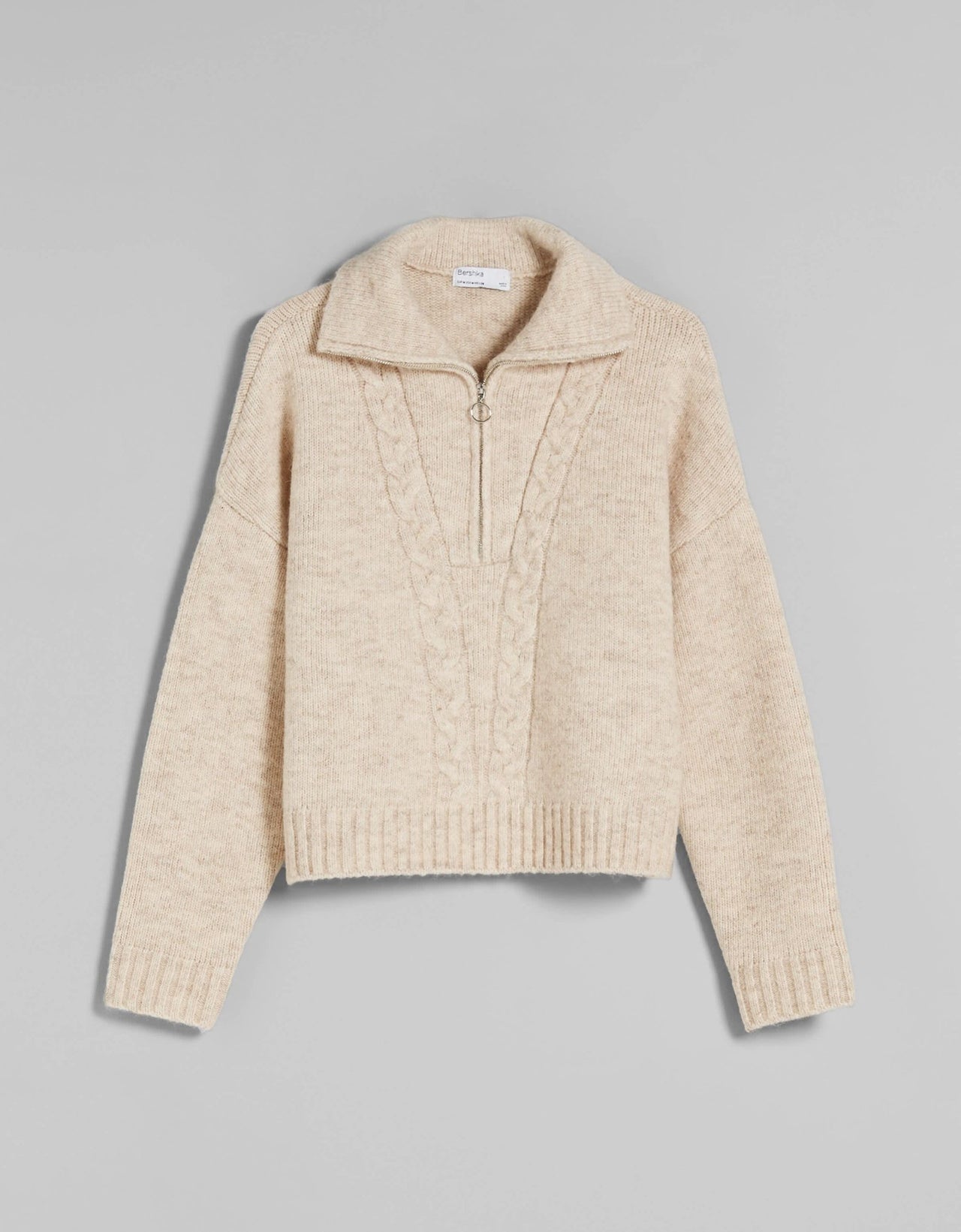 Bershka cable knit detail half zip jumper in beige - ASOS Sample Sale