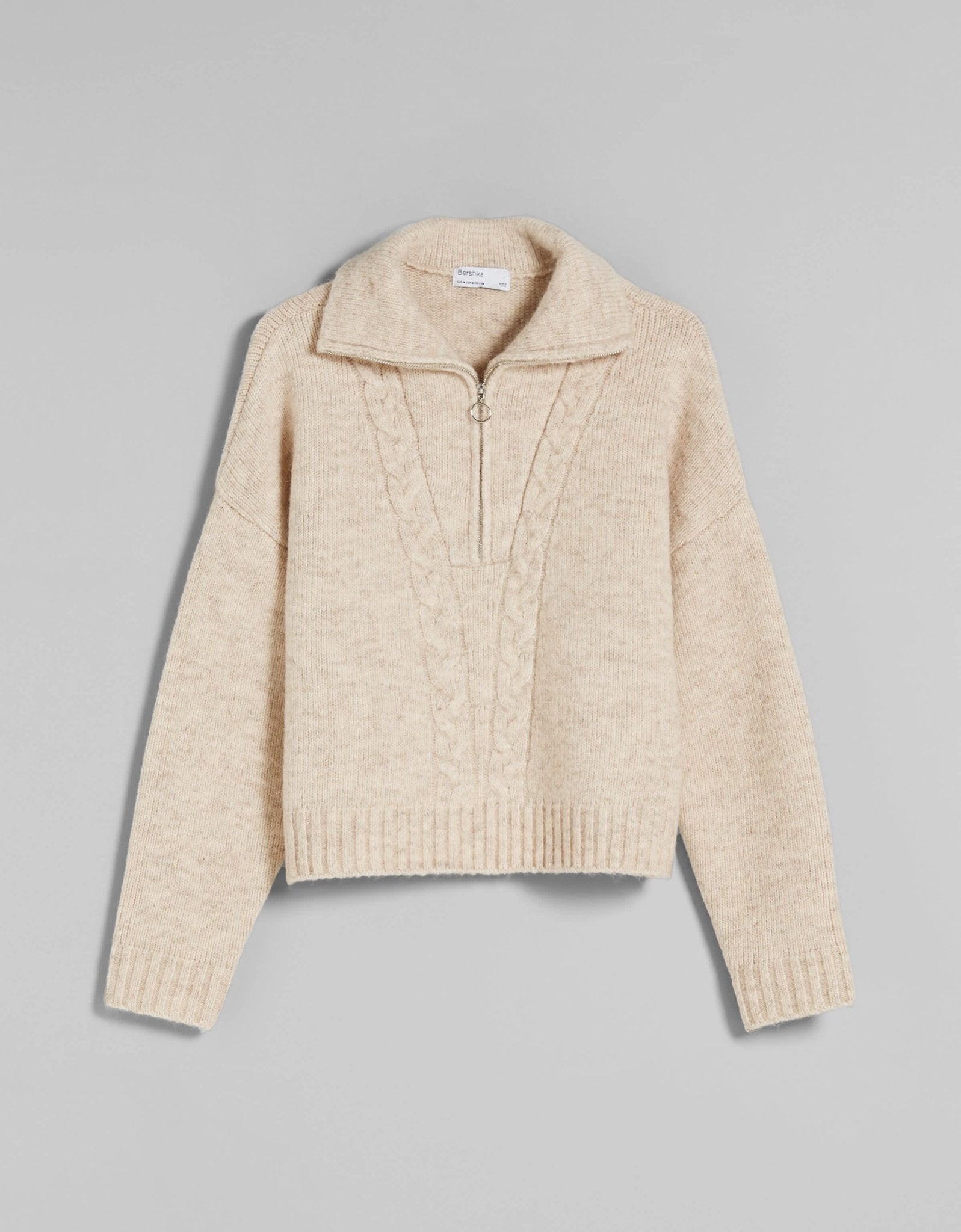 Bershka cable knit detail half zip jumper in beige - ASOS Sample Sale