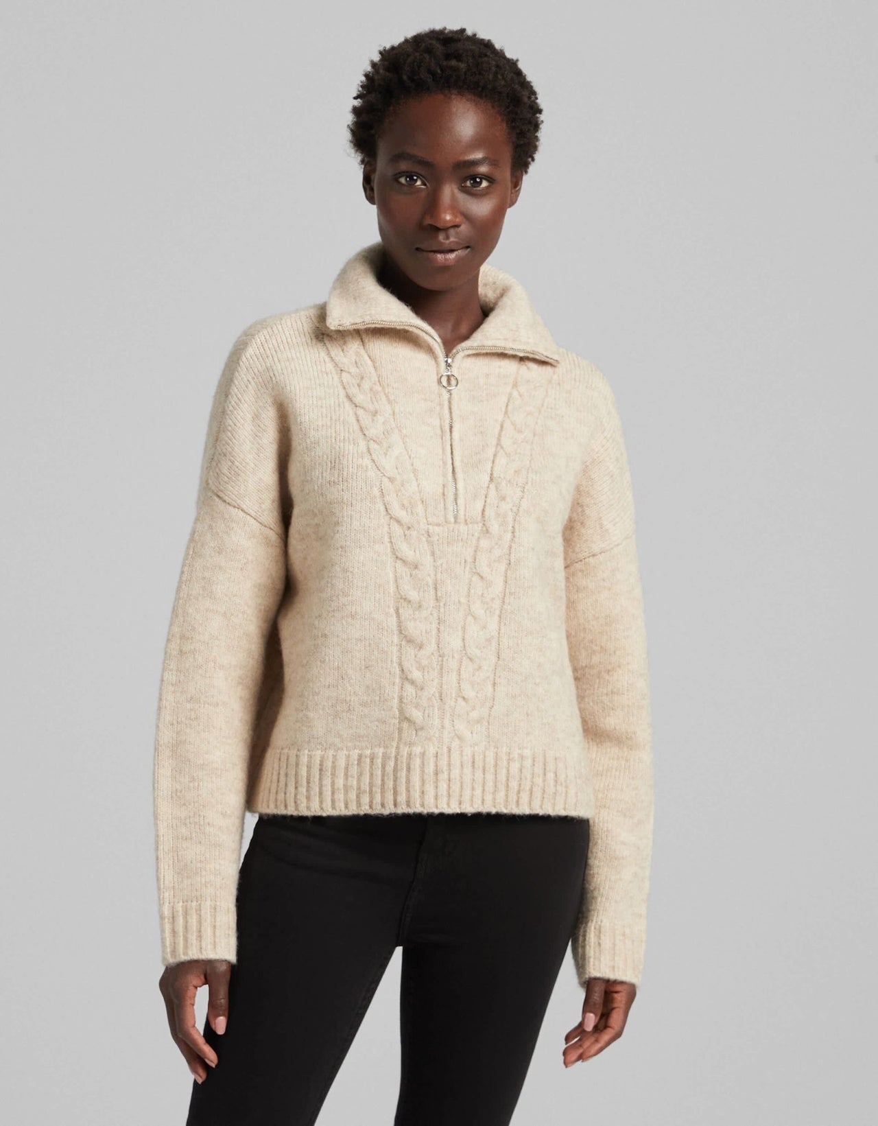 Bershka cable knit detail half zip jumper in beige - ASOS Sample Sale
