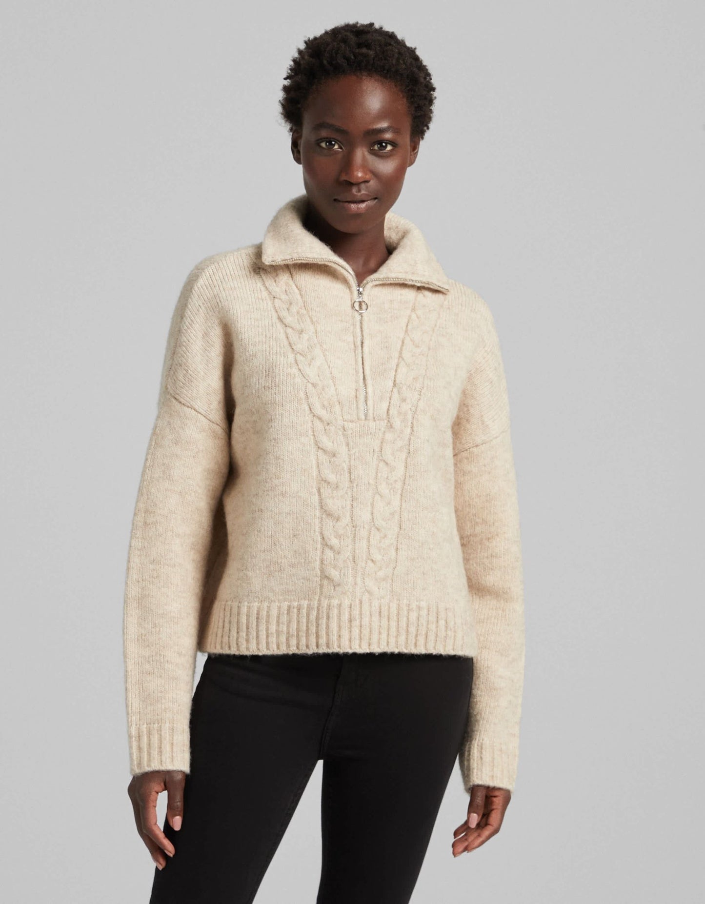 Bershka cable knit detail half zip jumper in beige - ASOS Sample Sale