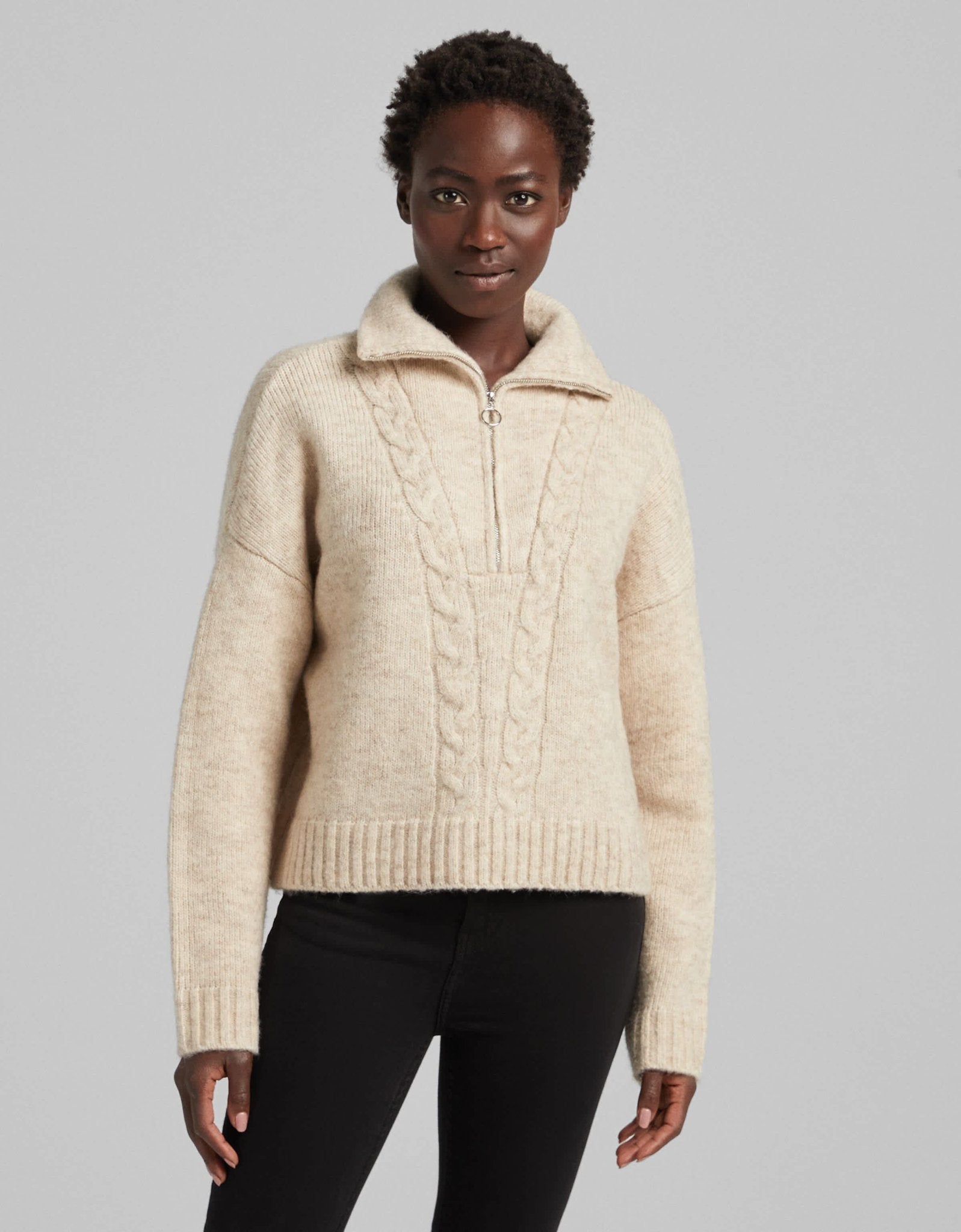 Bershka cable knit detail half zip jumper in beige - ASOS Sample Sale