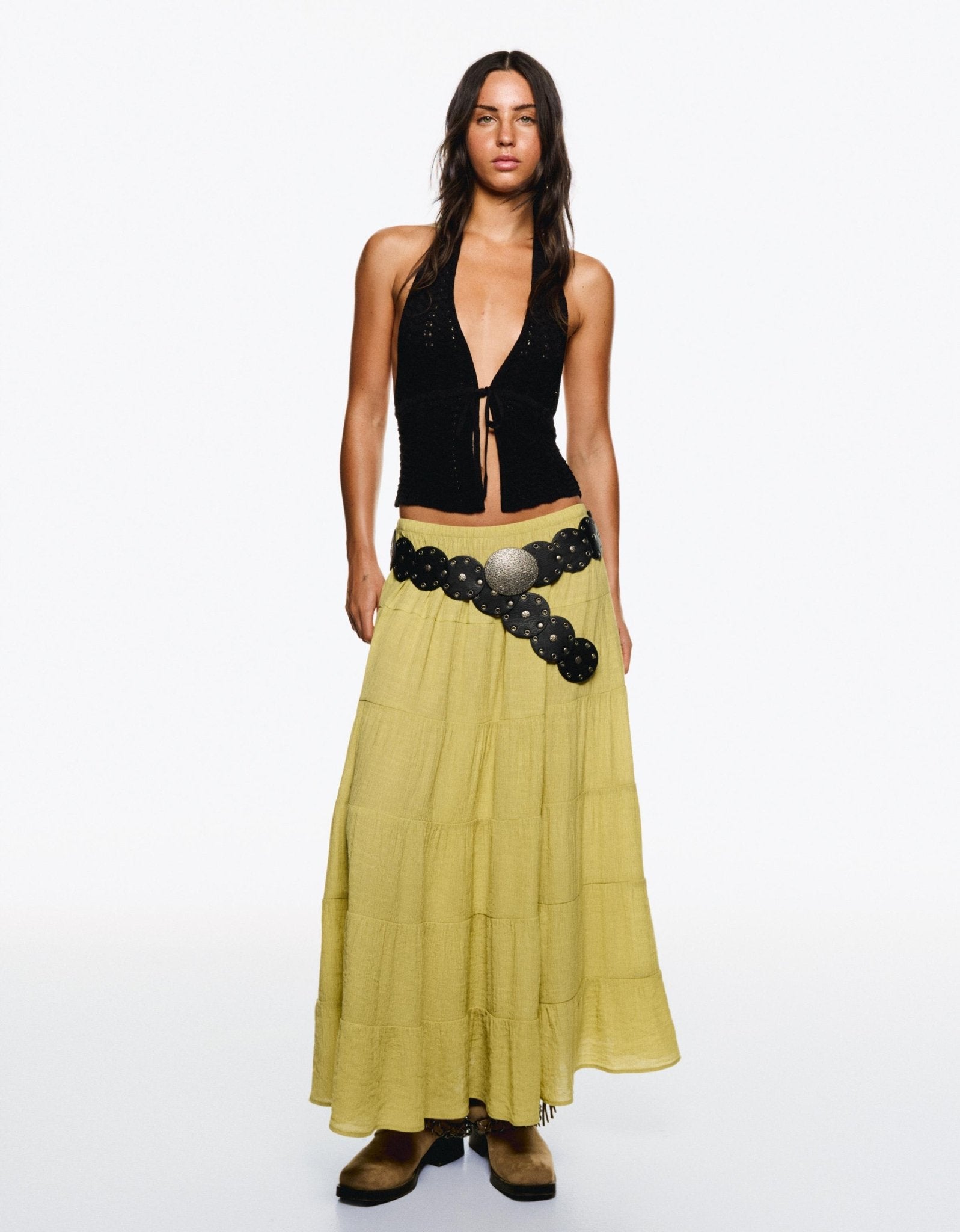 Bershka cheesecloth tierred maxi skirt in pistachio - ASOS Sample Sale