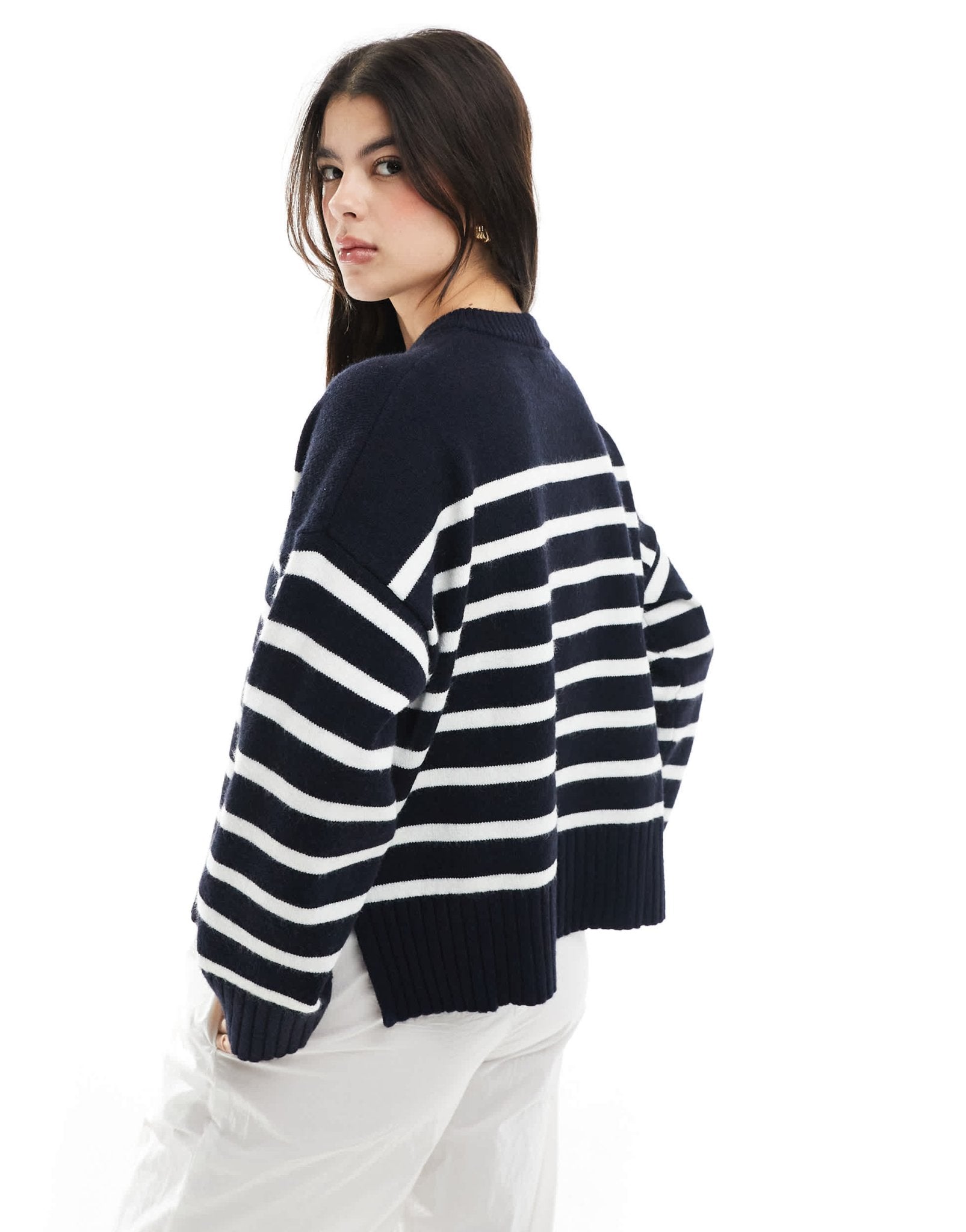 Bershka chunky crew neck jumper in navy & ecru stripe - ASOS Sample Sale
