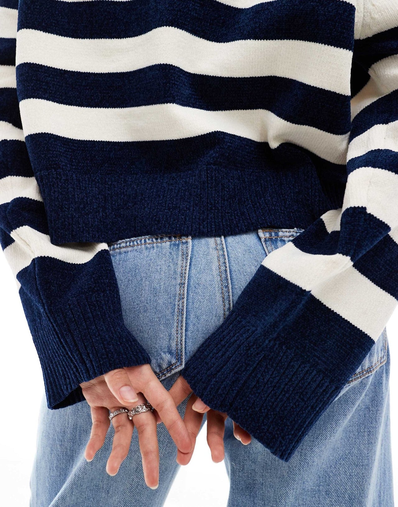 Bershka chunky crew neck jumper in navy & white stripe - ASOS Sample Sale