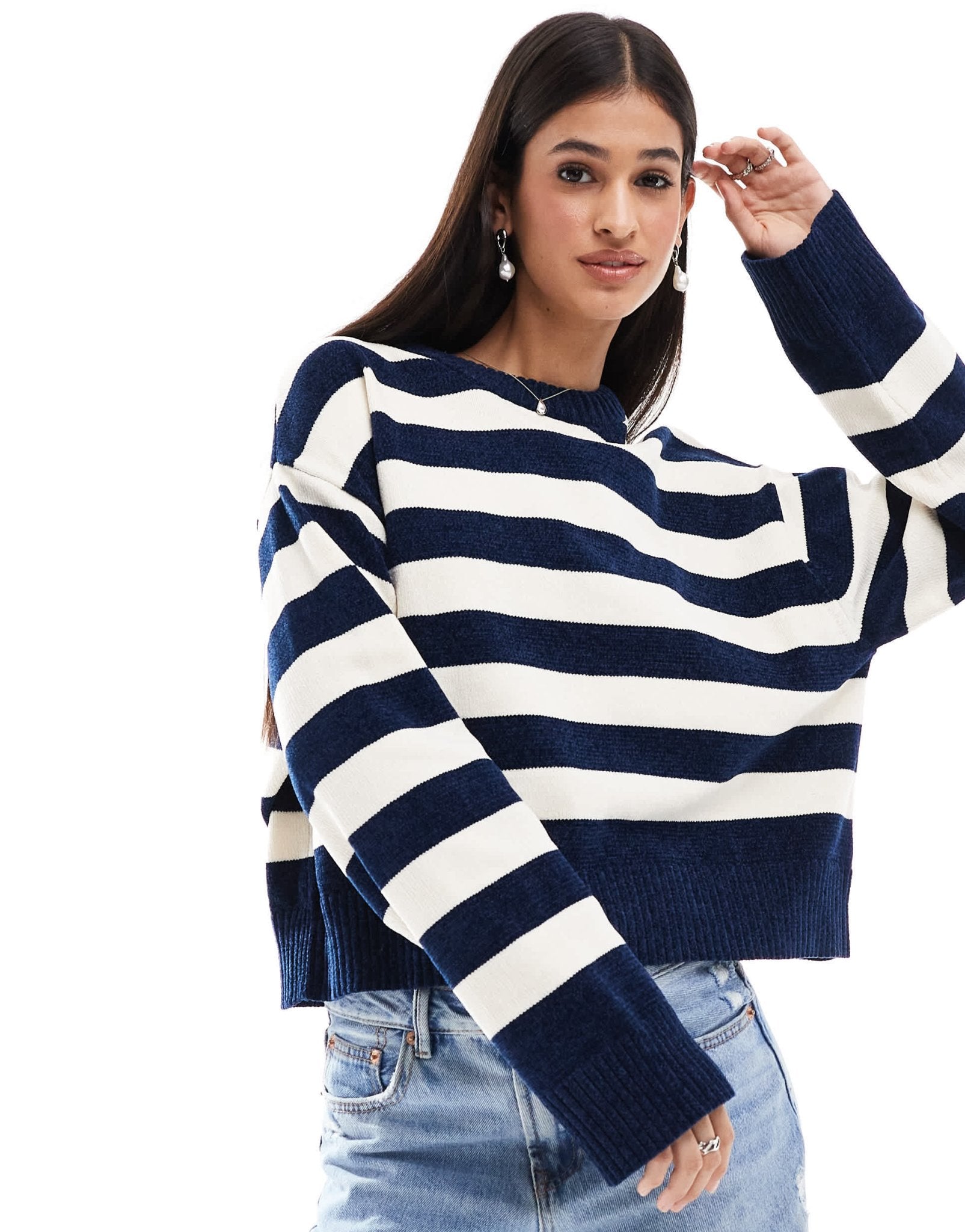 Bershka chunky crew neck jumper in navy & white stripe - ASOS Sample Sale