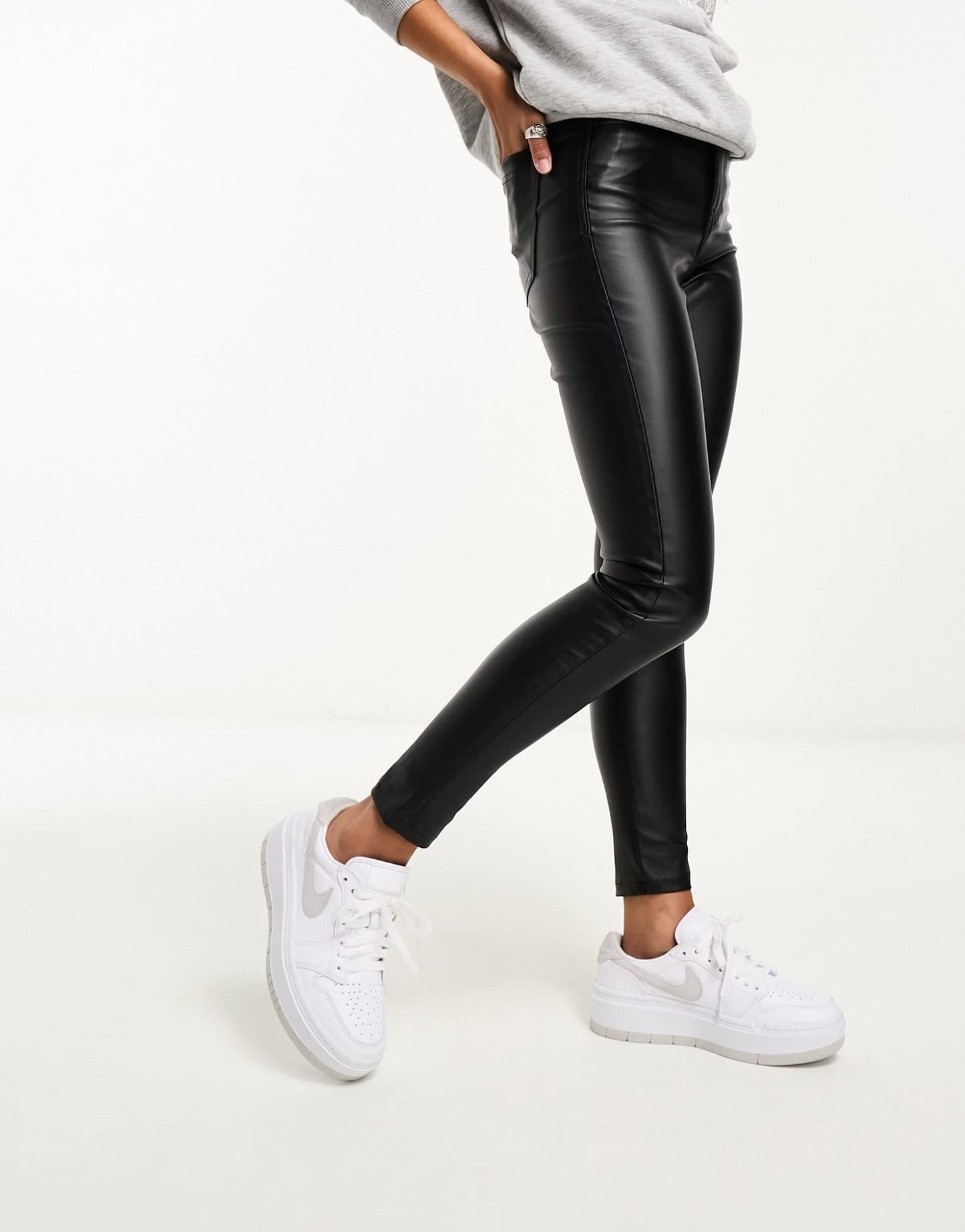 Bershka coated faux leather high waisted skinny trousers in black - ASOS Sample Sale