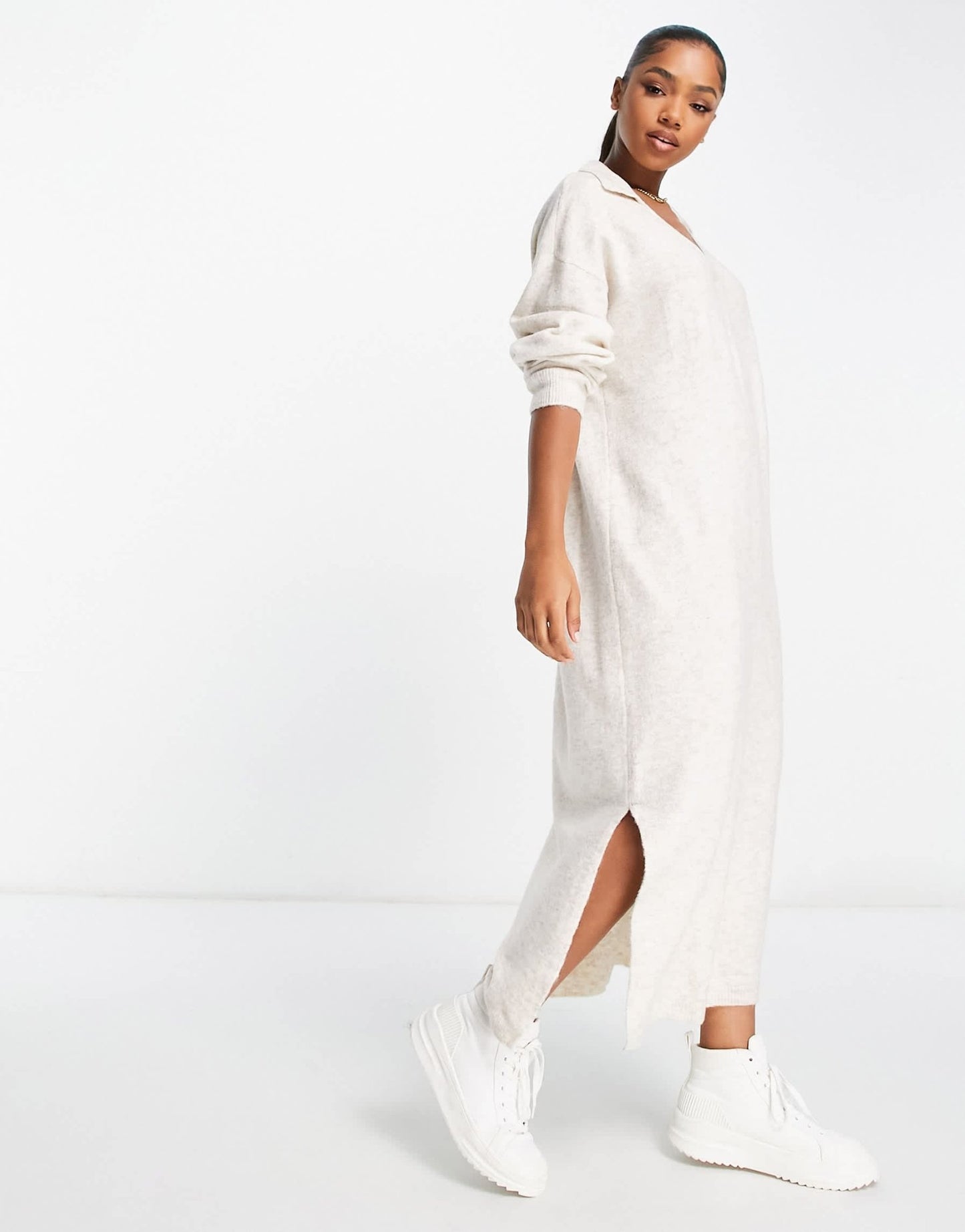 Bershka collared knitted midi dress in sand - ASOS Sample Sale