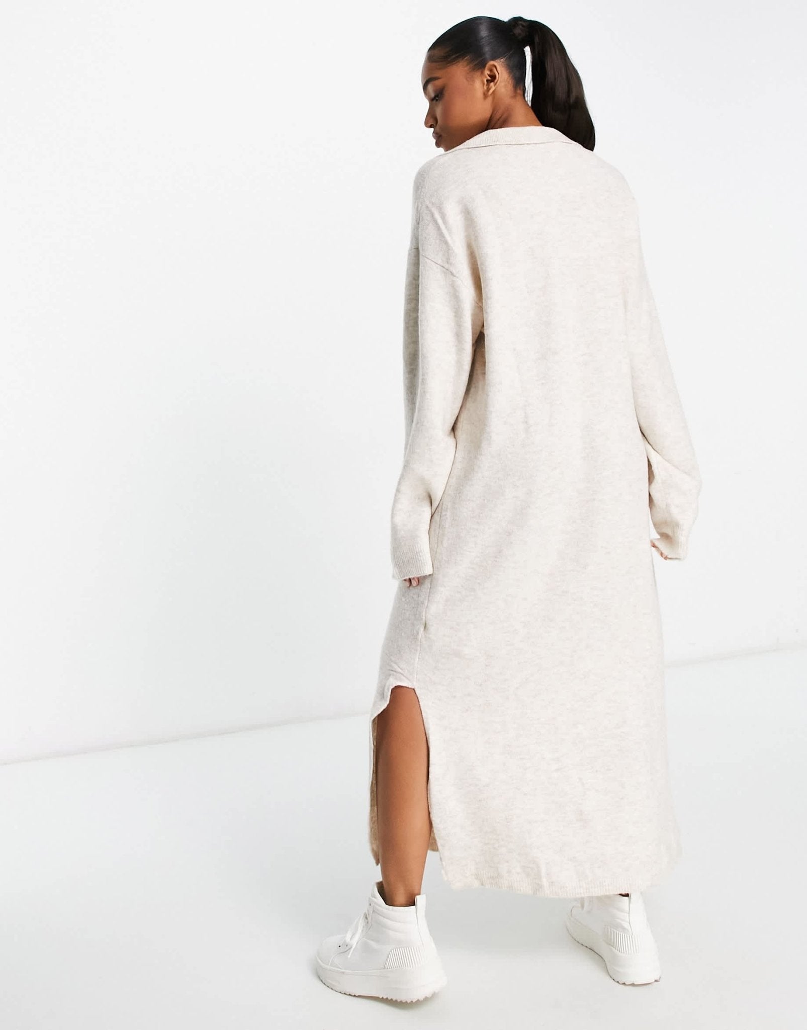 Bershka collared knitted midi dress in sand - ASOS Sample Sale