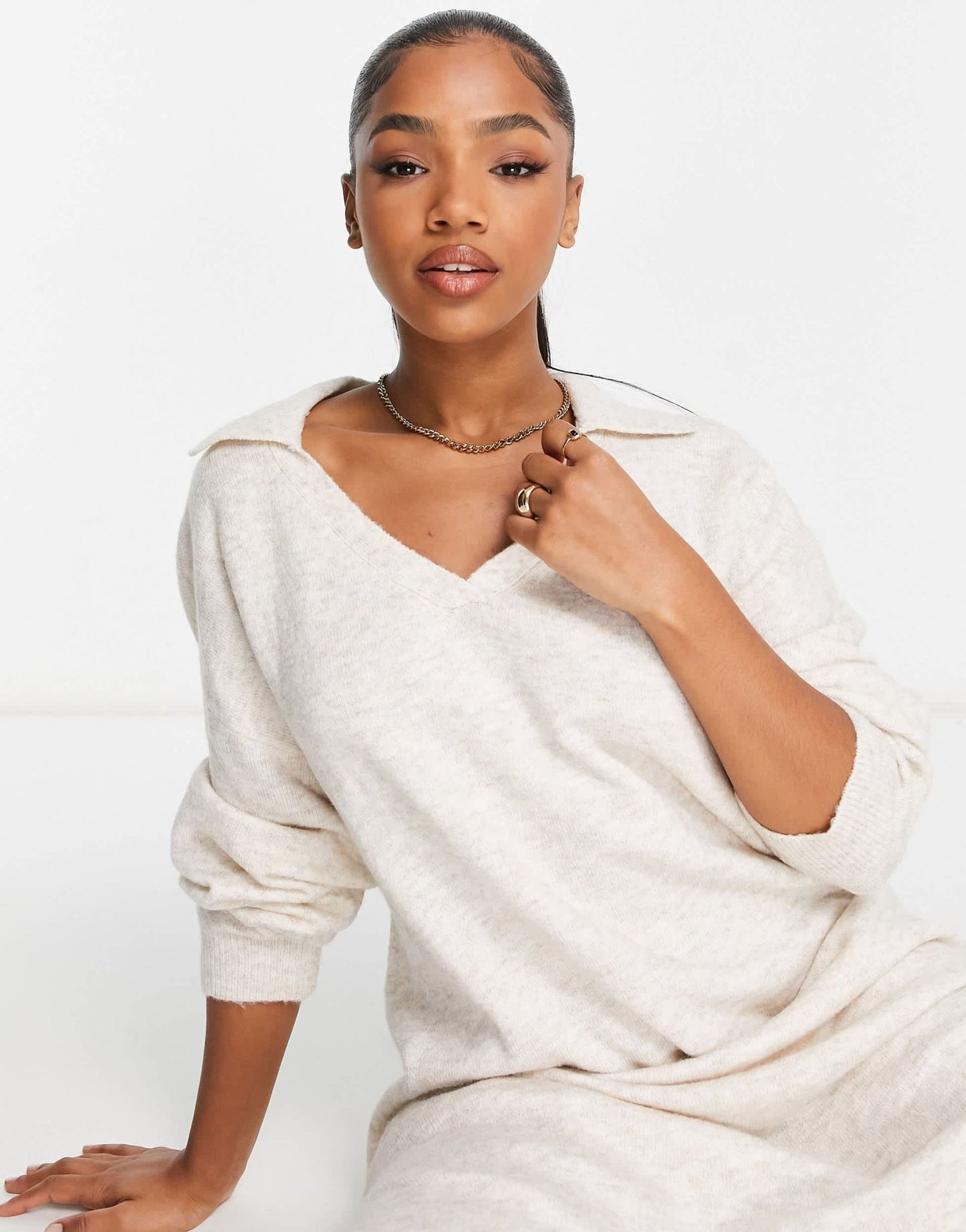 Bershka collared knitted midi dress in sand - ASOS Sample Sale