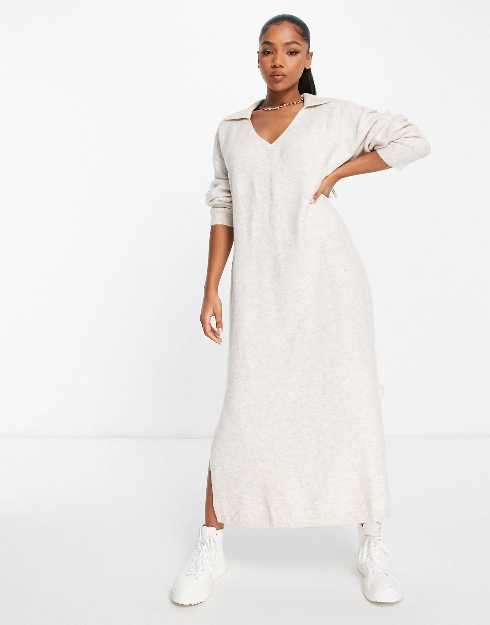 Bershka collared knitted midi dress in sand - ASOS Sample Sale