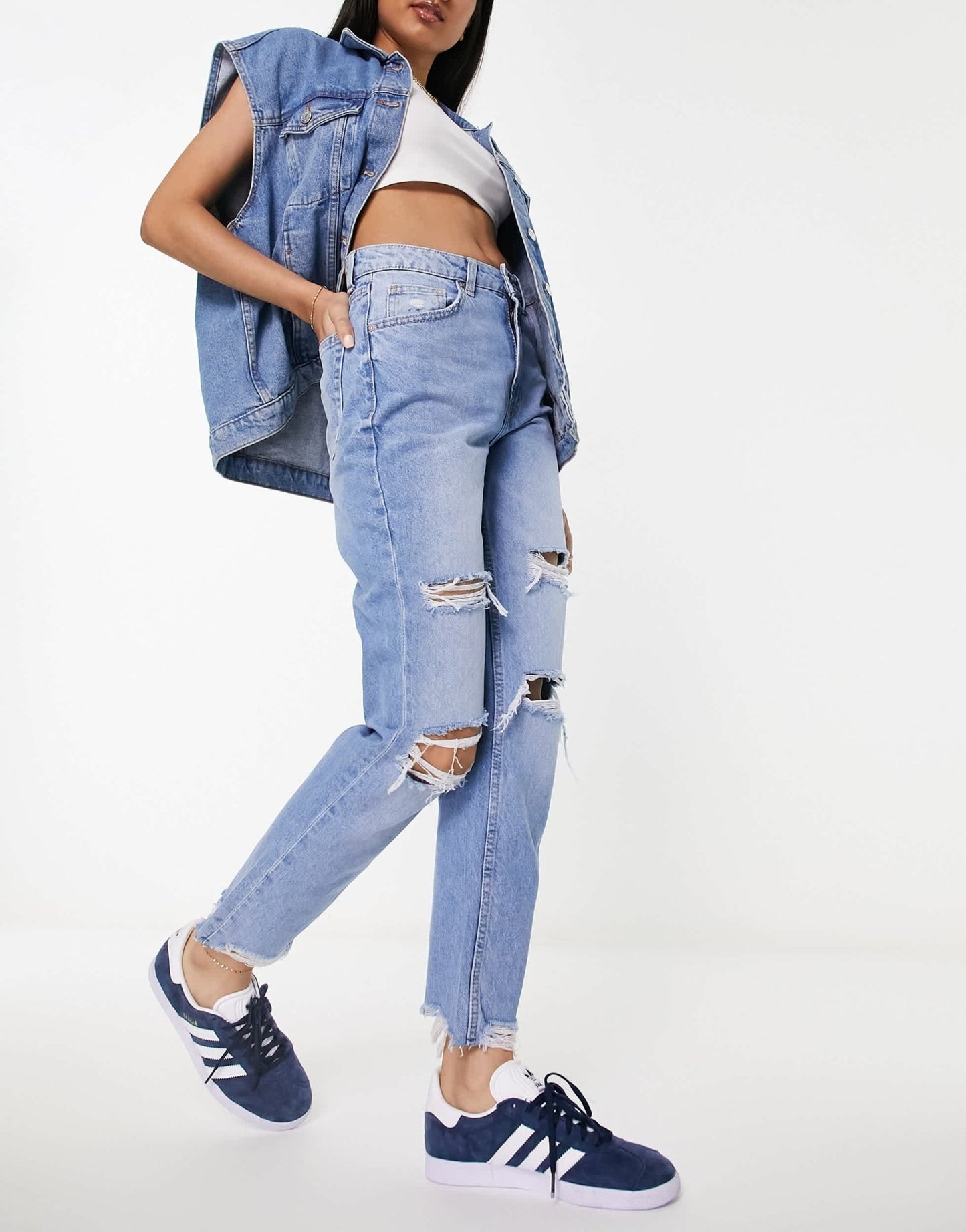 Bershka comfort fit mom jean with rips in light blue - ASOS Sample Sale