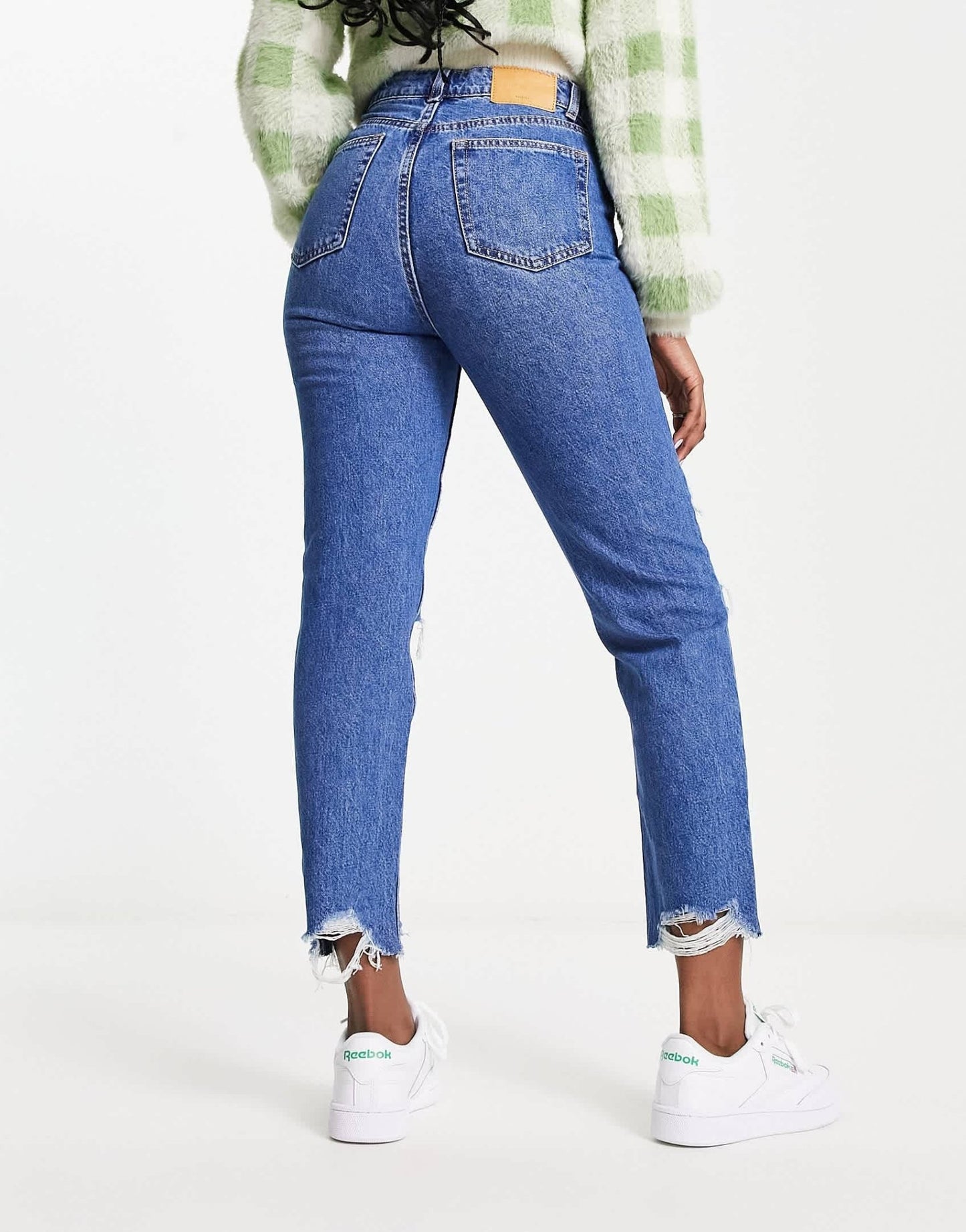 Bershka comfort fit mom jean with rips in mid blue - ASOS Sample Sale