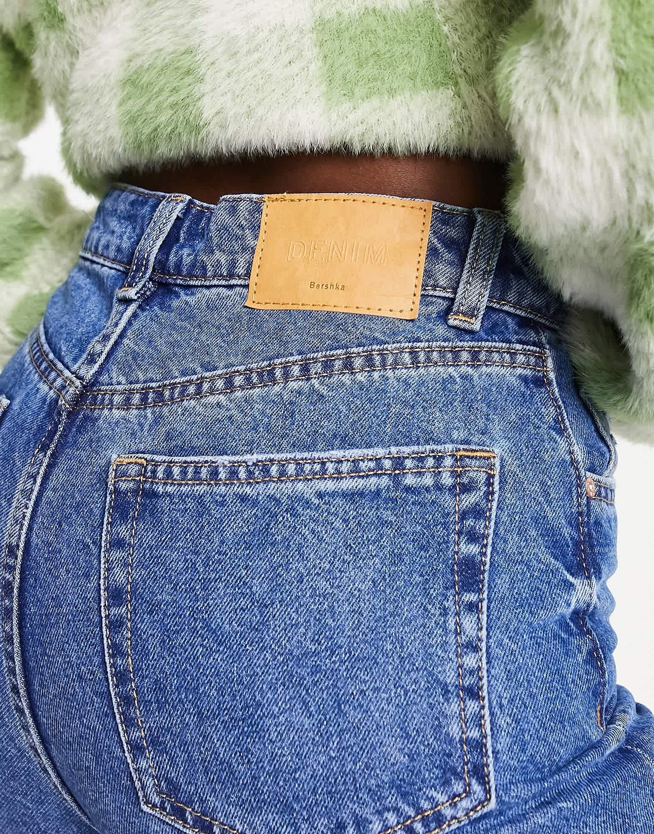 Bershka comfort fit mom jean with rips in mid blue - ASOS Sample Sale