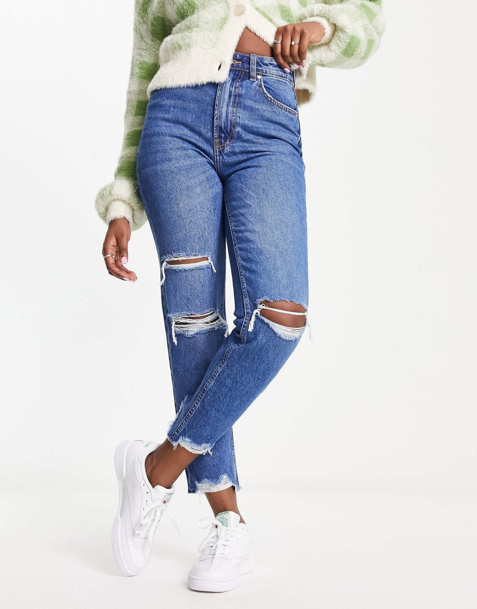 Bershka comfort fit mom jean with rips in mid blue - ASOS Sample Sale