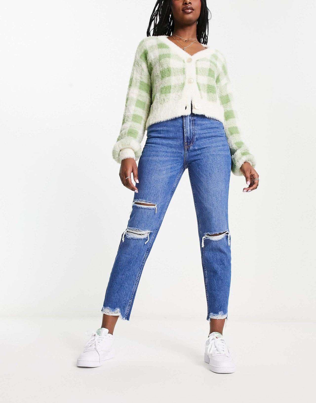 Bershka comfort fit mom jean with rips in mid blue - ASOS Sample Sale