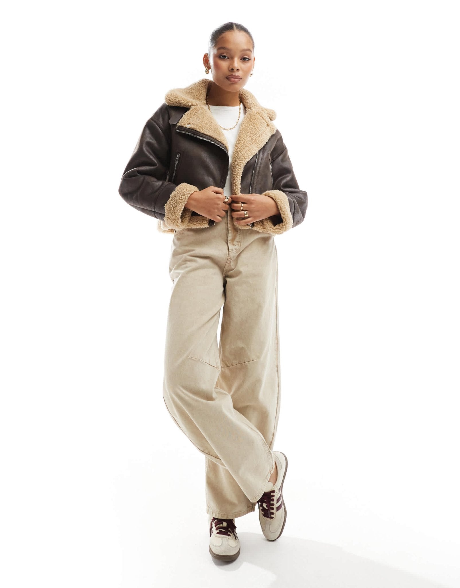 Bershka contrast shearling jacket in brown & ecru - ASOS Sample Sale