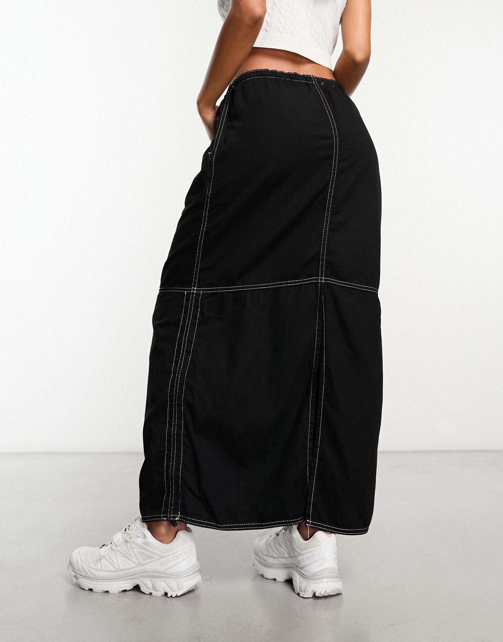 Bershka contrast stitch cargo maxi skirt in black - ASOS Sample Sale