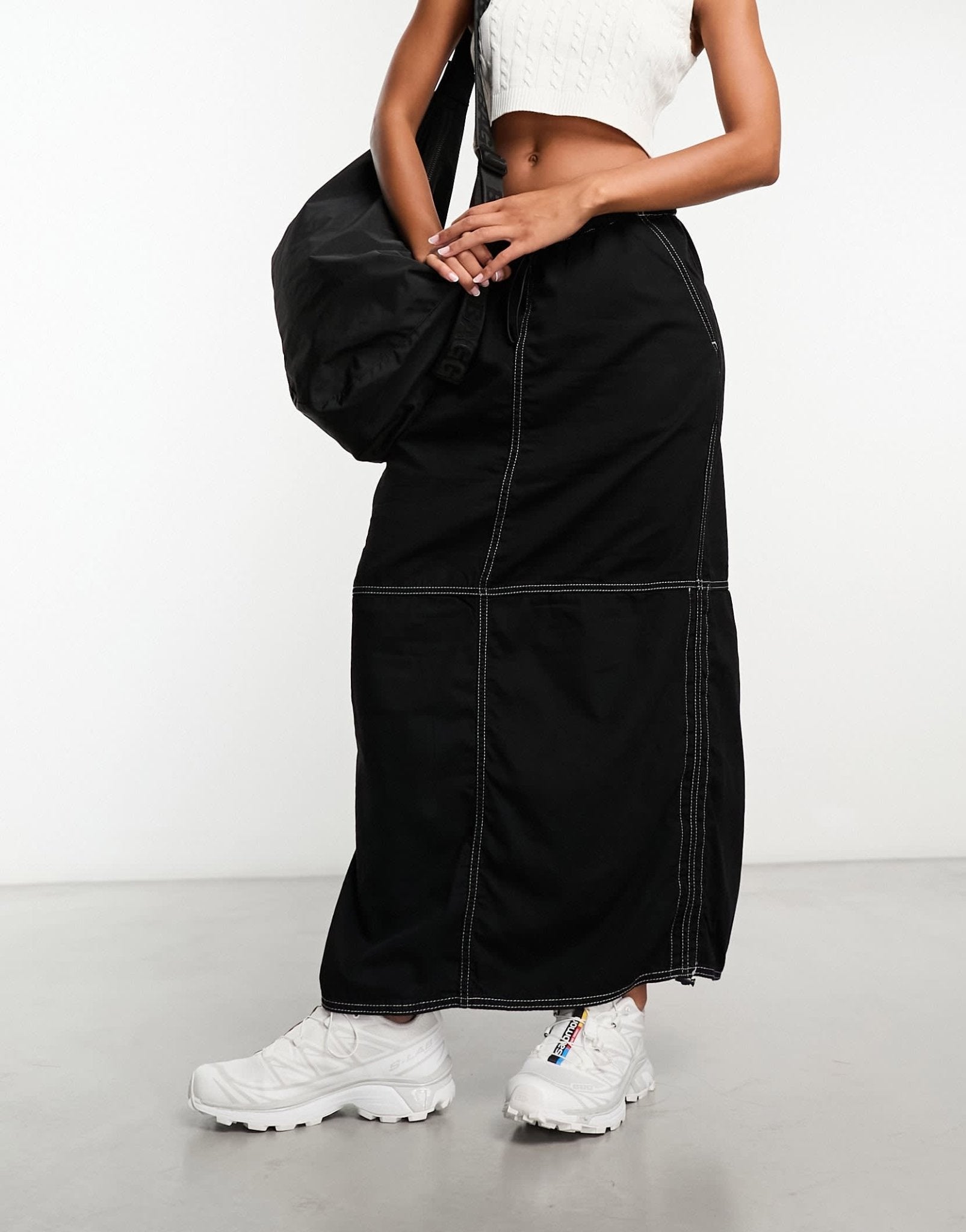 Bershka contrast stitch cargo maxi skirt in black - ASOS Sample Sale