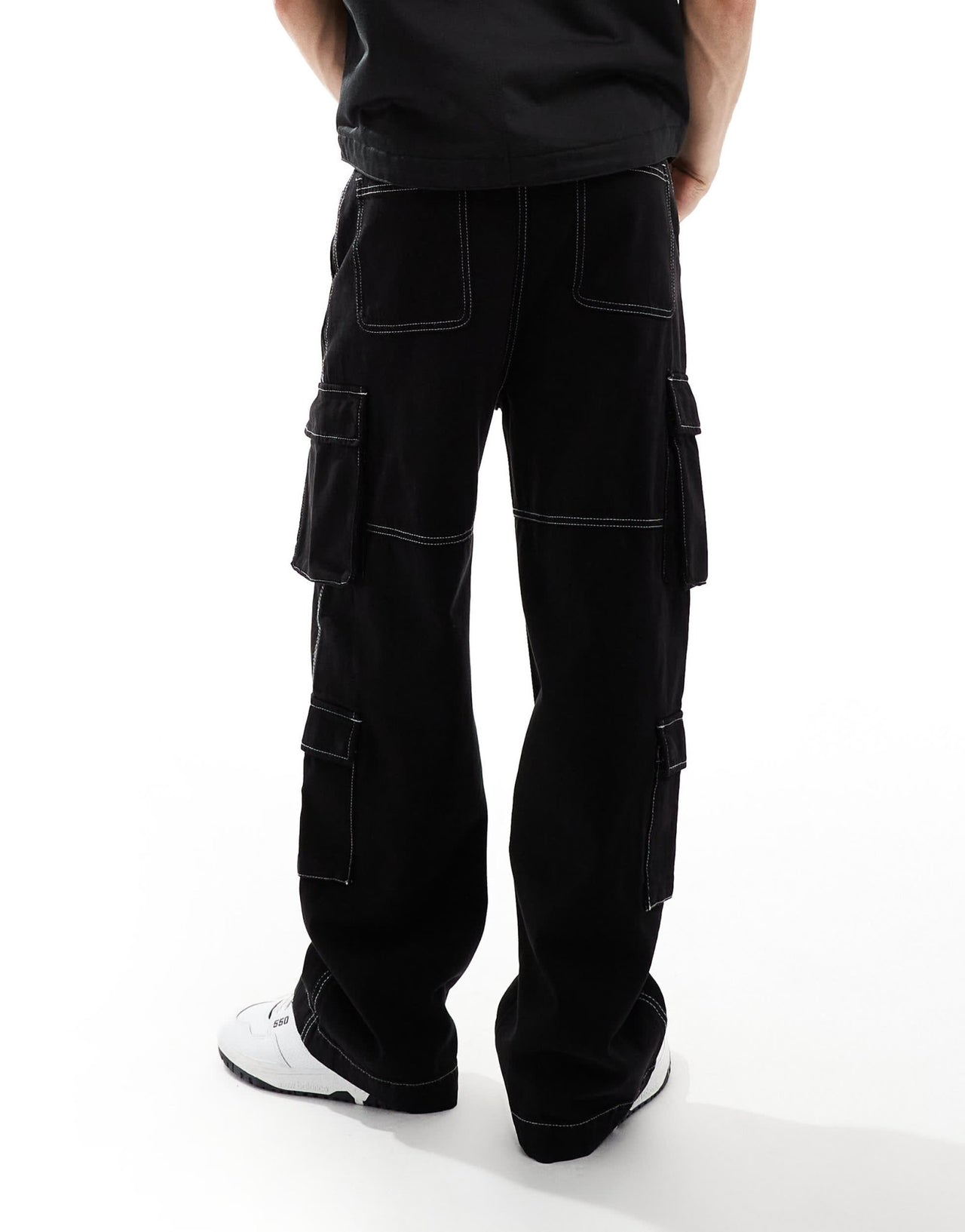 Bershka contrast stitch cargo trouser in black - ASOS Sample Sale