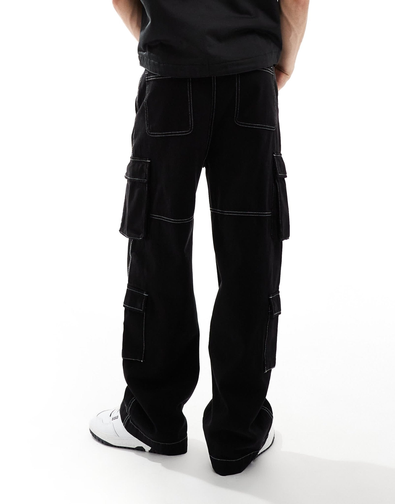 Bershka contrast stitch cargo trouser in black - ASOS Sample Sale