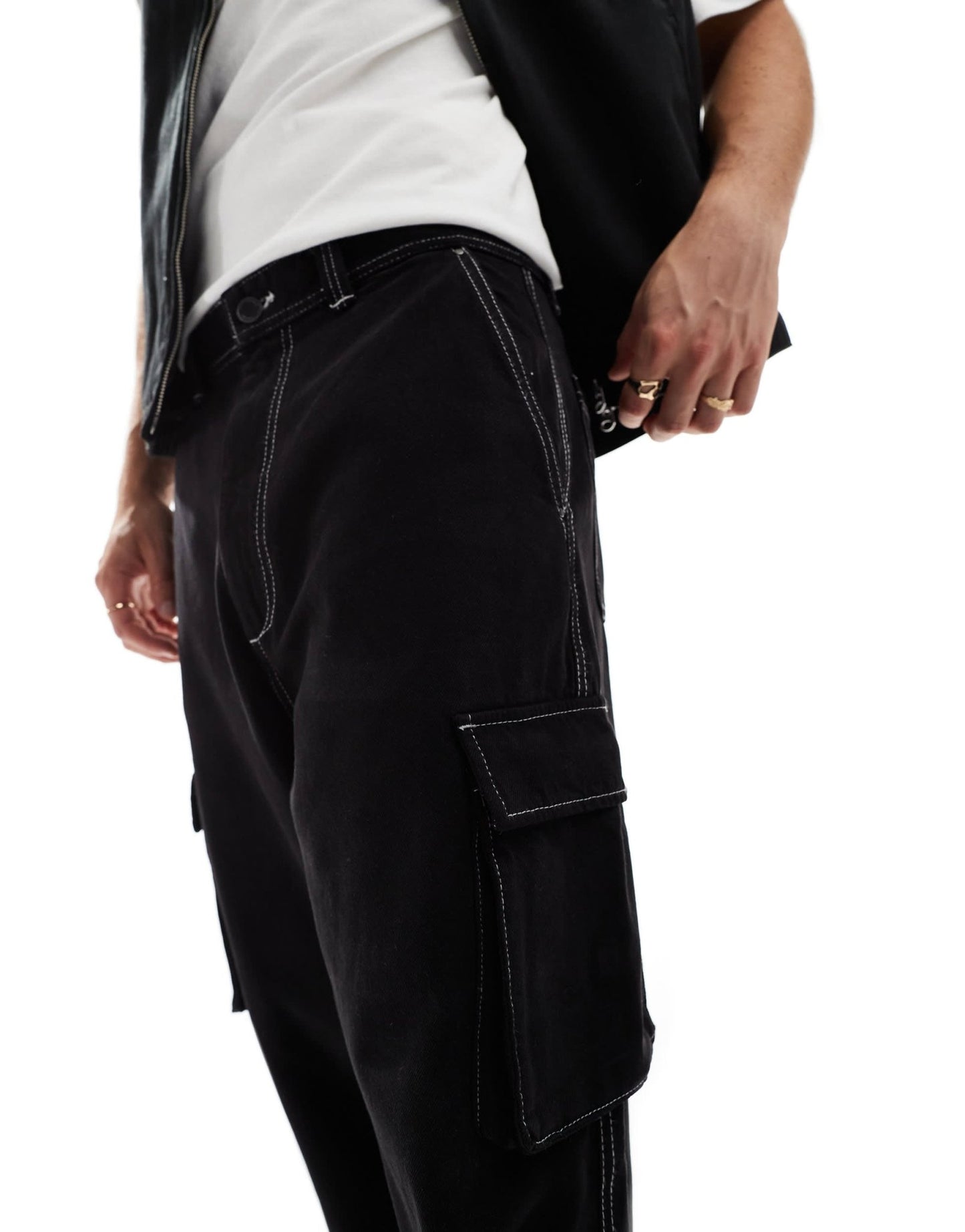 Bershka contrast stitch cargo trouser in black - ASOS Sample Sale