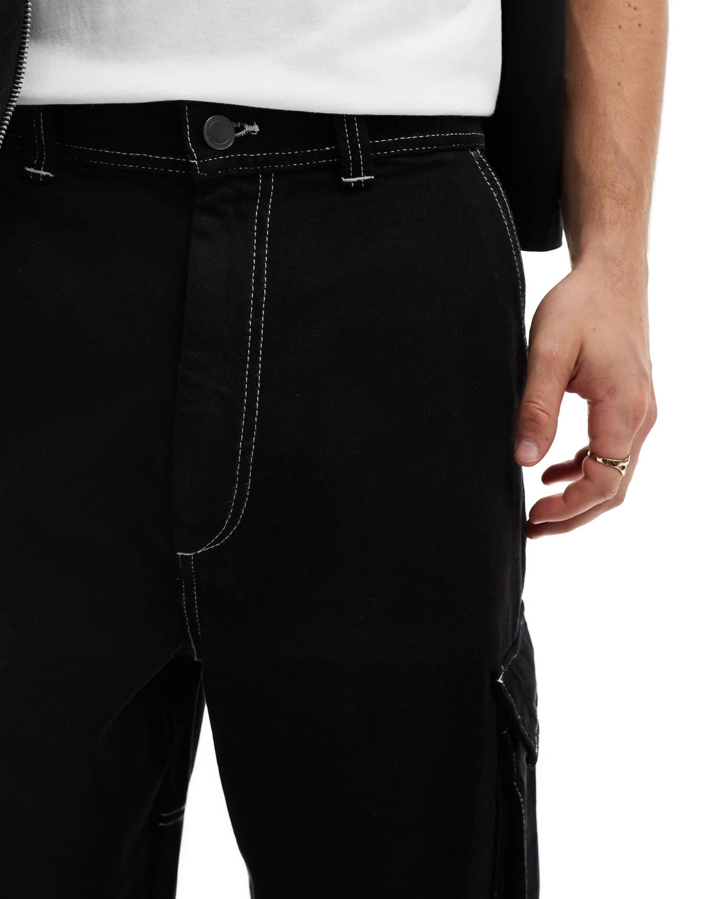 Bershka contrast stitch cargo trouser in black - ASOS Sample Sale