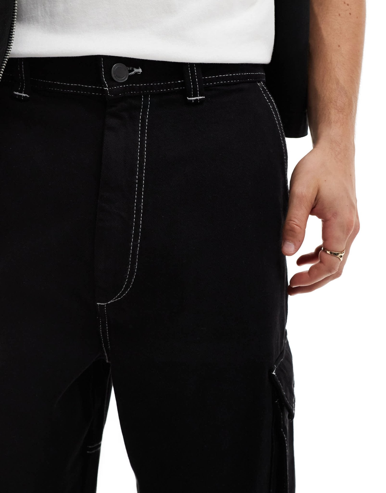 Bershka contrast stitch cargo trouser in black - ASOS Sample Sale