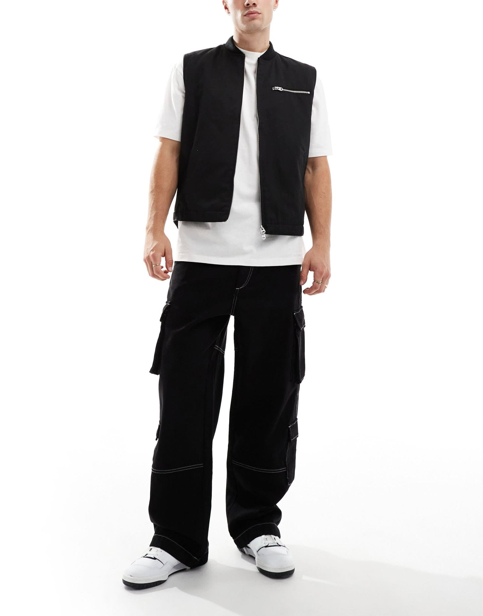 Bershka contrast stitch cargo trouser in black - ASOS Sample Sale