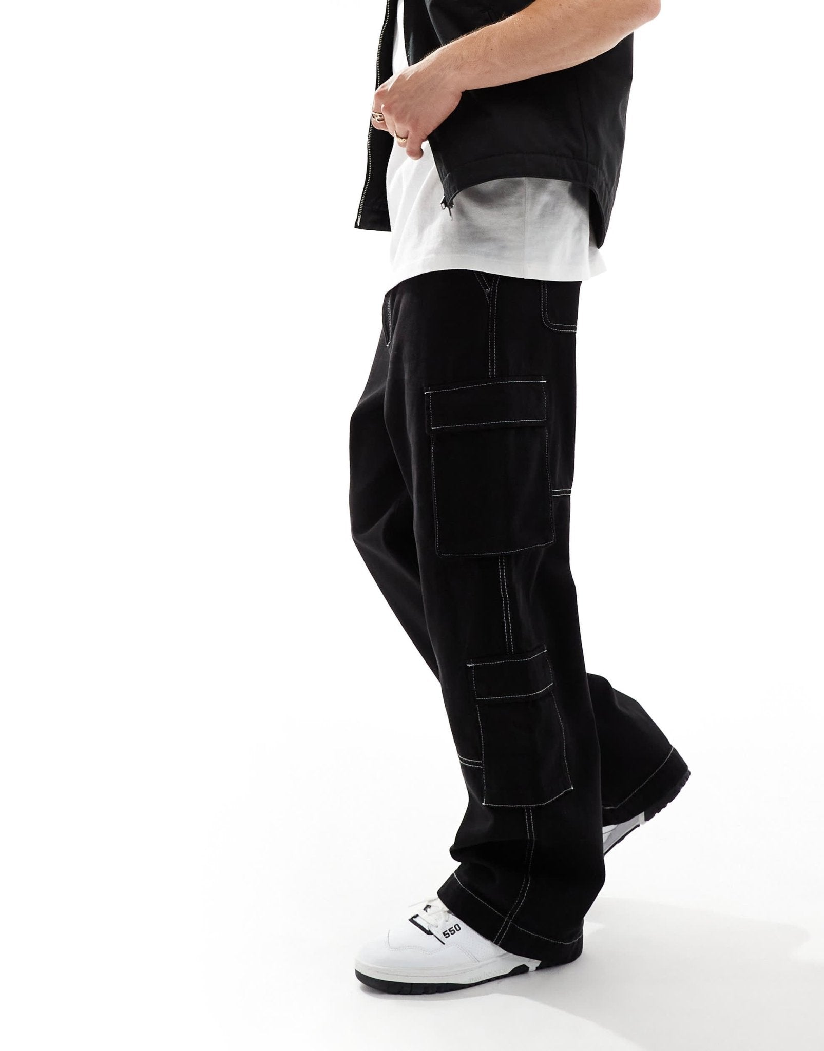 Bershka contrast stitch cargo trouser in black - ASOS Sample Sale
