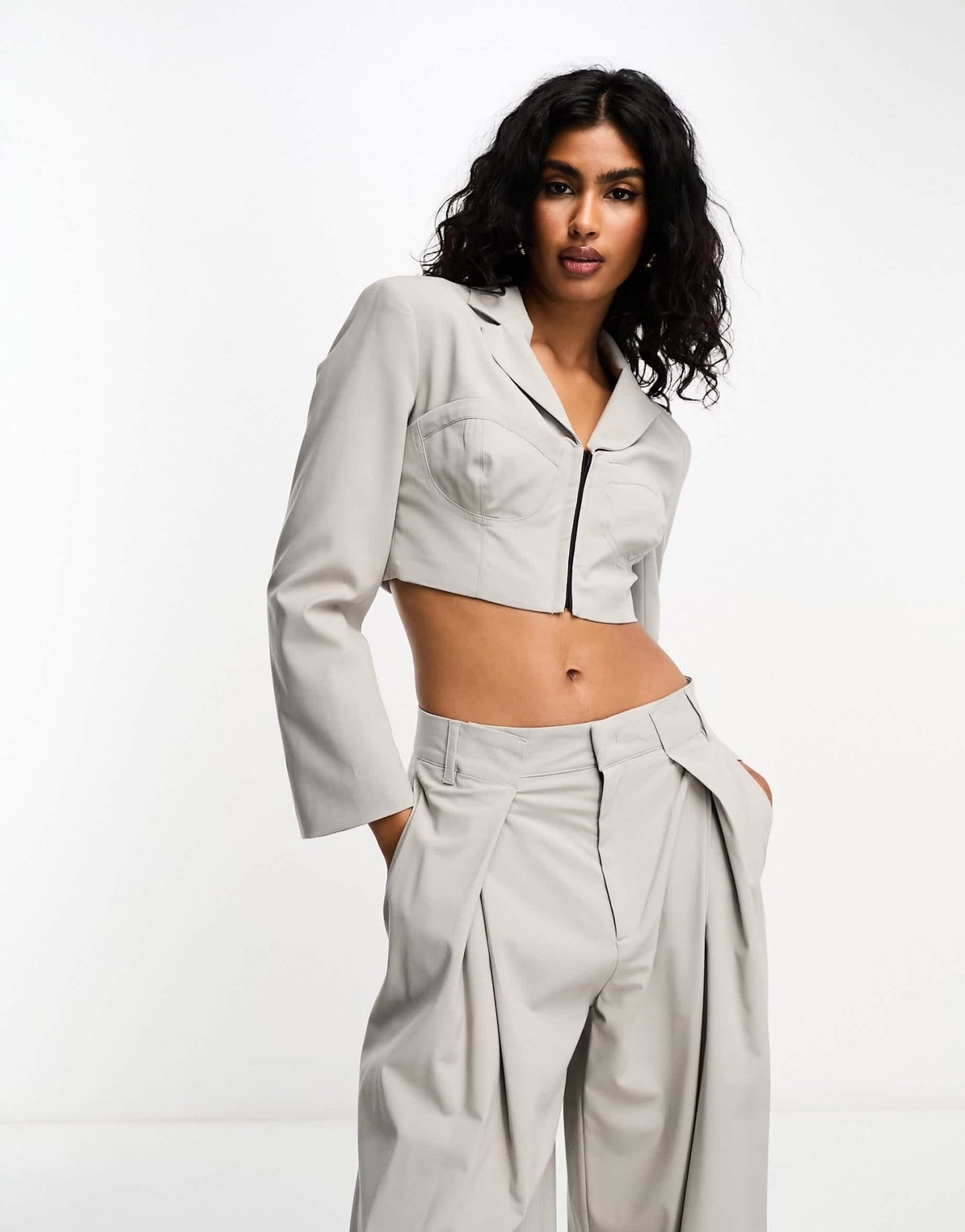 Bershka corset detail cropped blazer co-ord in stone - ASOS Sample Sale