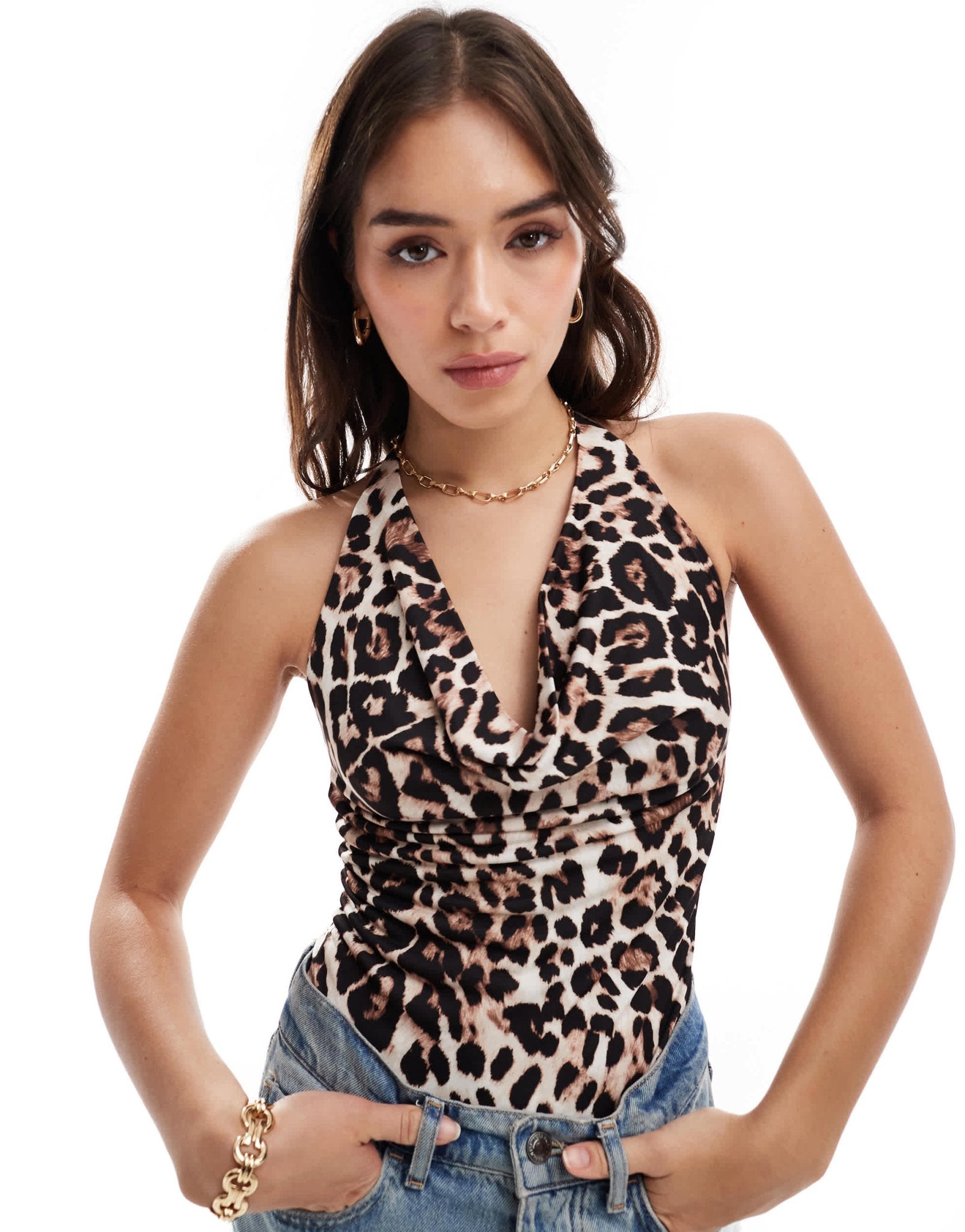 Bershka cowl neck polyamide bodysuit in leopard print - ASOS Sample Sale