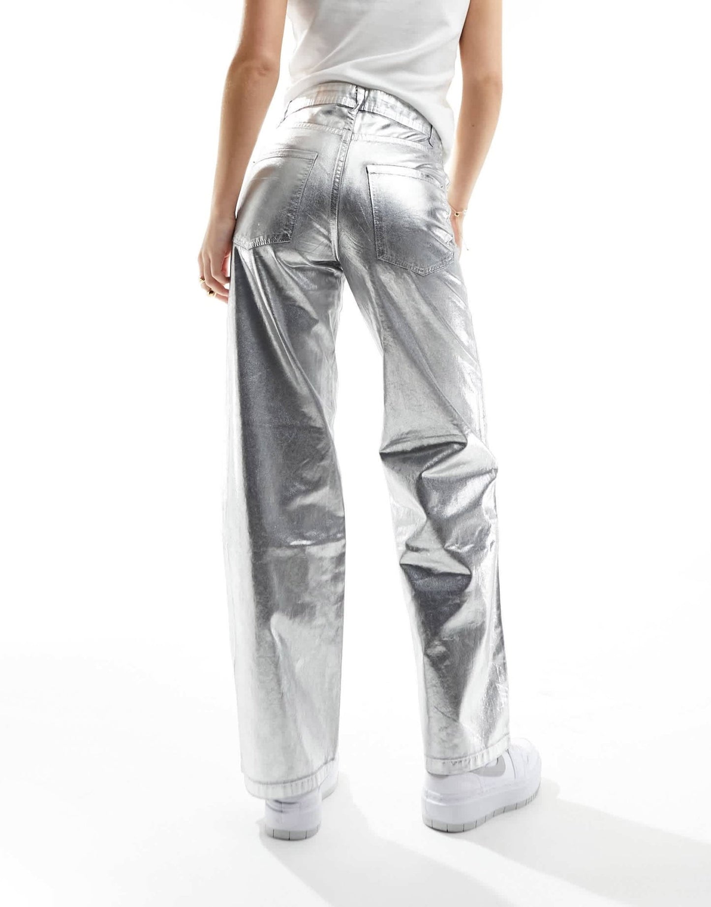 Bershka cracked faux leather straight leg trousers in gunmetal silver - ASOS Sample Sale